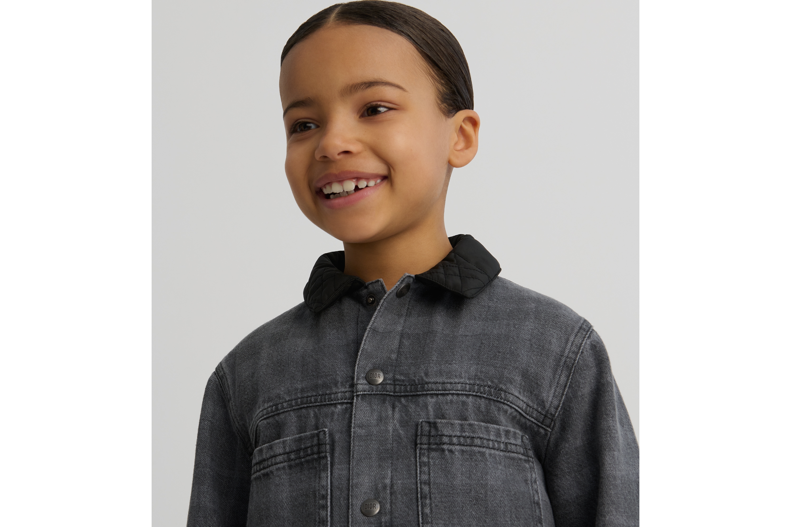 Look Kids' Jacket Gray Checkered Cotton Denim and Black Cannage Technical Fabric E02
