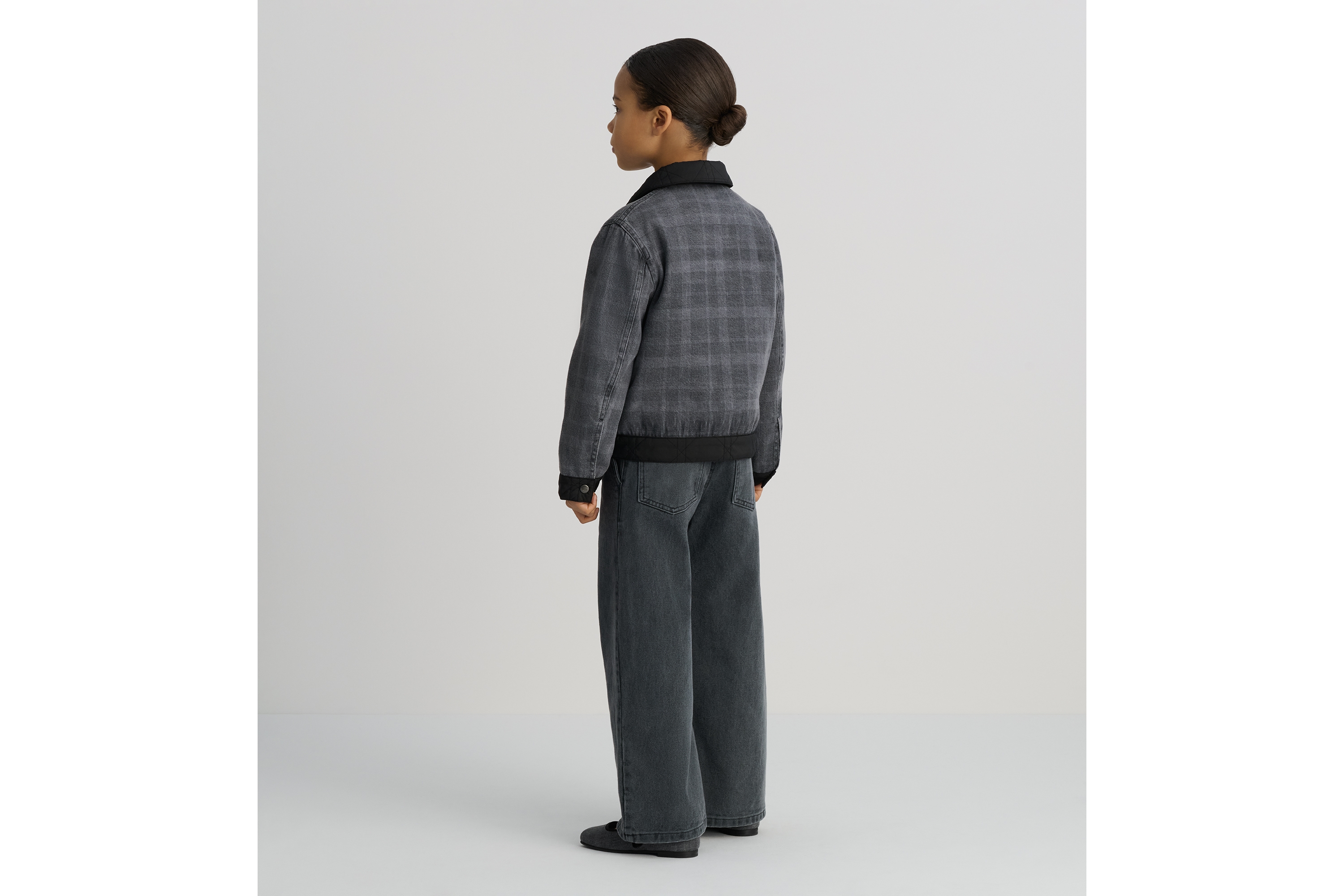 Look Kids' Jacket Gray Checkered Cotton Denim and Black Cannage Technical Fabric E05