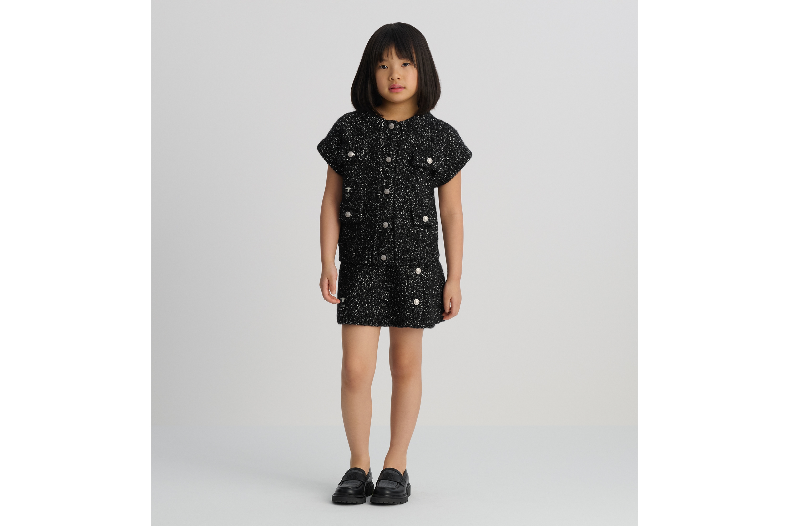 Look Kids' A-Line Skirt Black and White Tweed-Effect Cotton and Wool Mouliné Knit E01