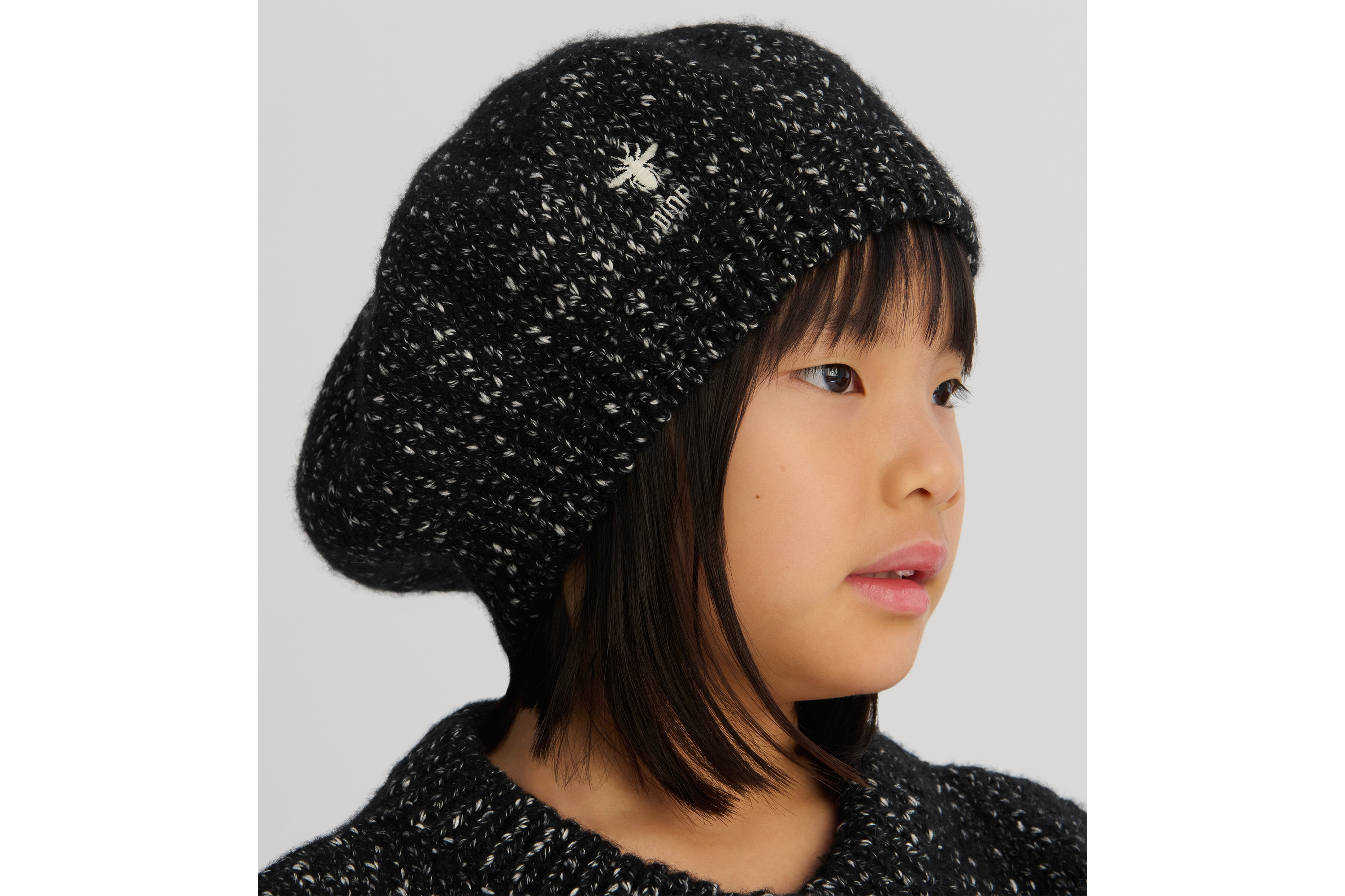 Look Kids' Beret Black and White Tweed-Effect Cotton and Wool Mouliné Knit E06