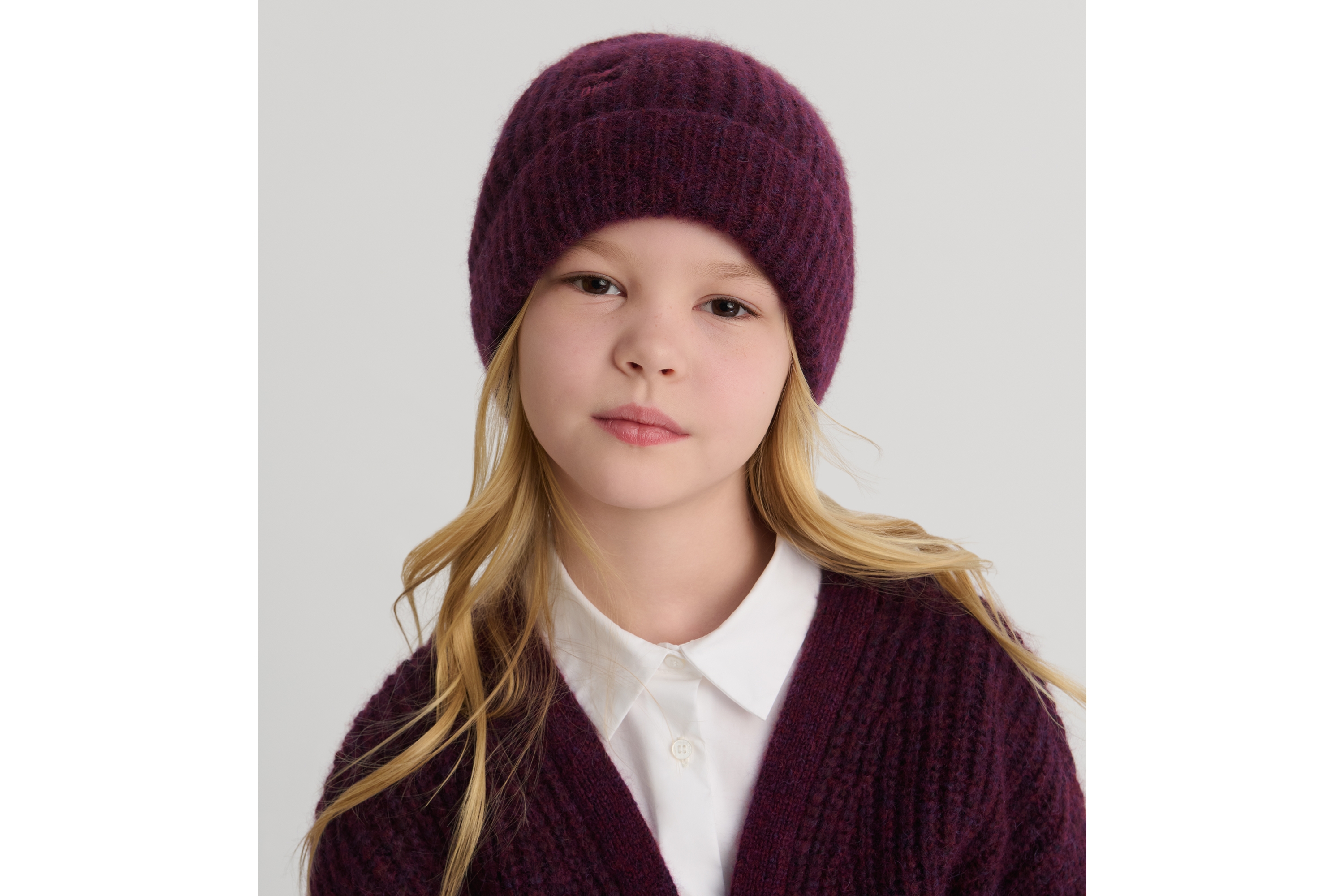 Look Kids' Beanie Burgundy and Purple Alpaca- and Wool-Blend Mouliné Knit E01