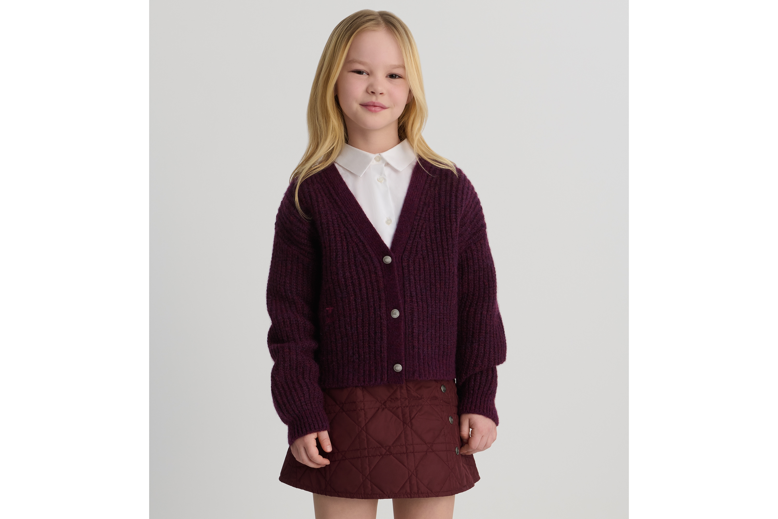 Look Kids' Cardigan Burgundy and Purple Alpaca- and Wool-Blend Mouliné Knit E04