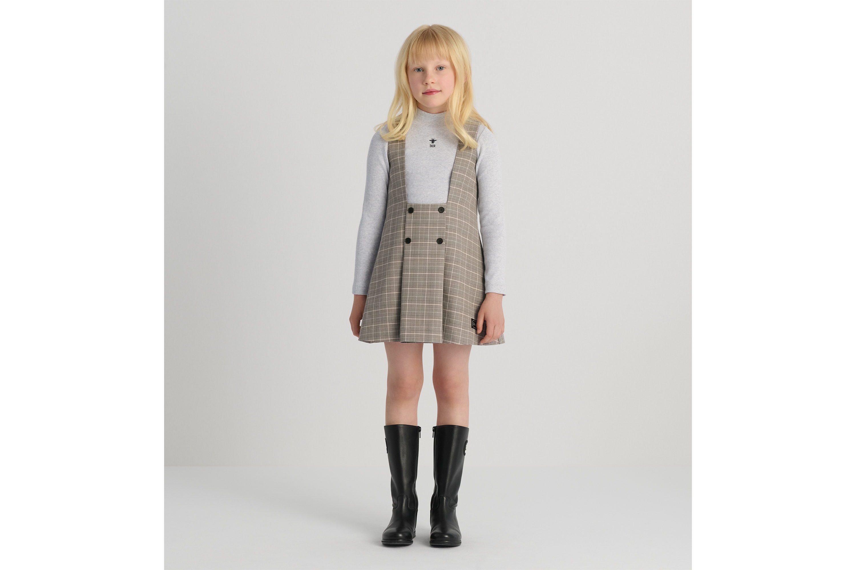 look_image_alt_prefix Jurk in A-lijn voor kinderen Grijze, roze en zilverkleurige wolblend met Prince of Wales-motief E01