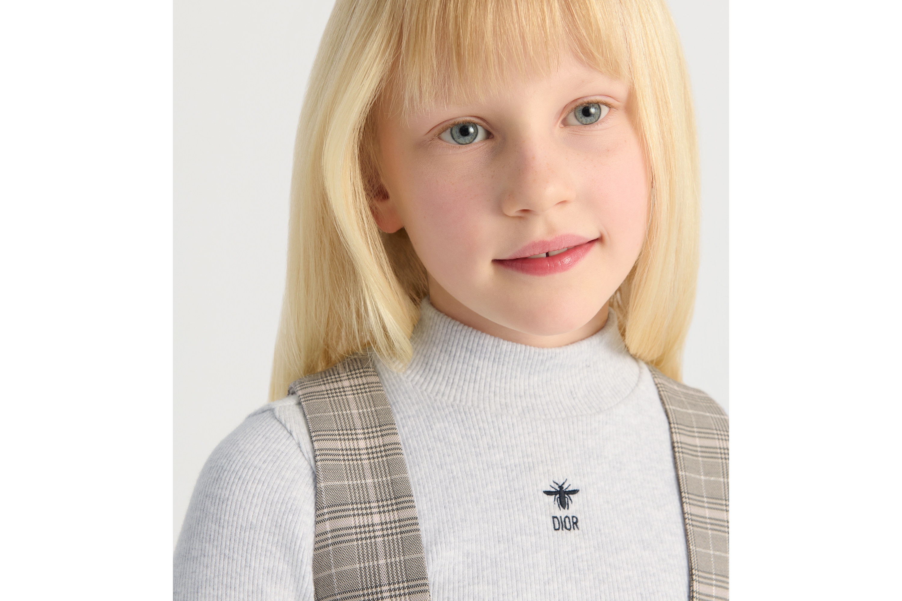 look_image_alt_prefix Jurk in A-lijn voor kinderen Grijze, roze en zilverkleurige wolblend met Prince of Wales-motief E02