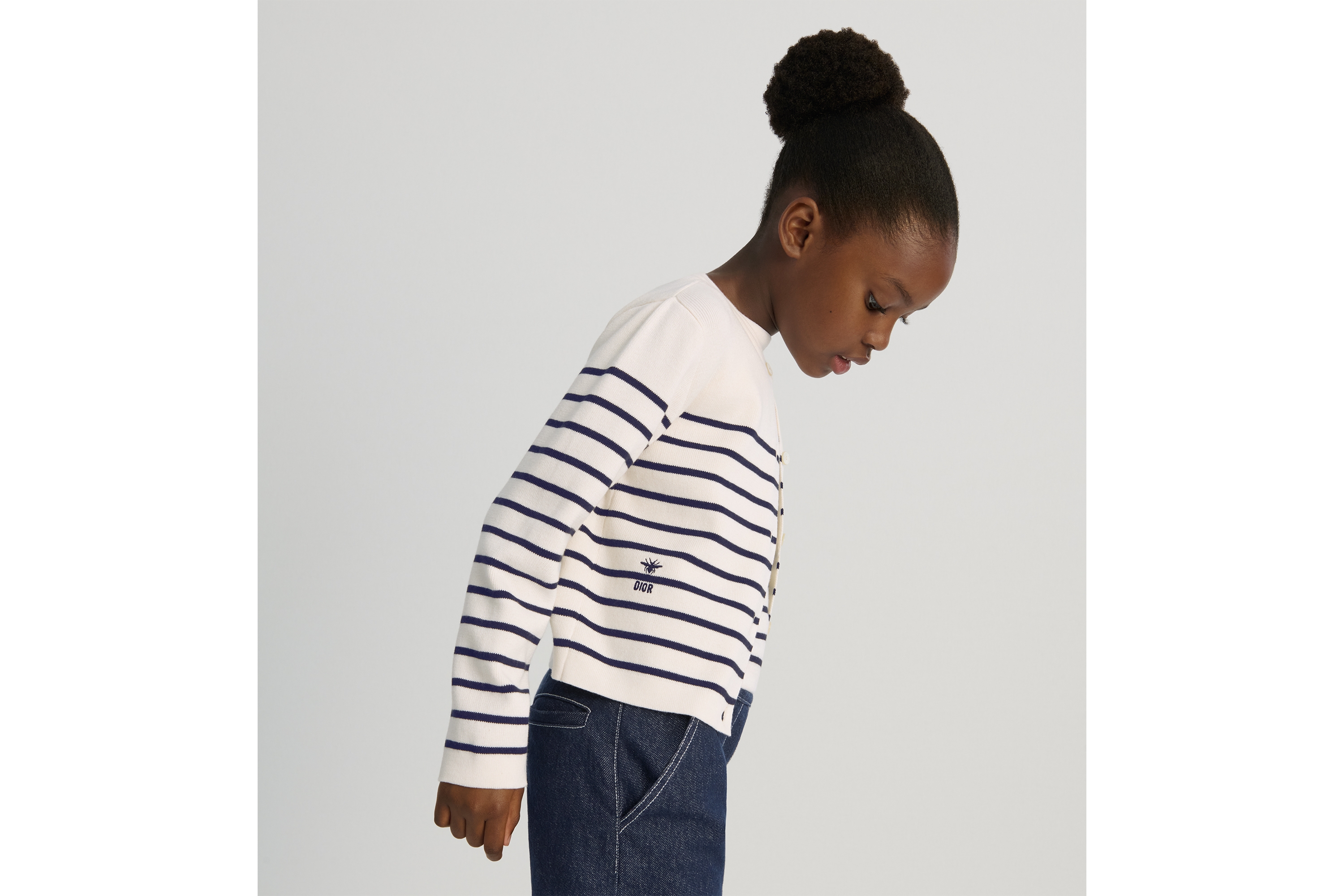 Cardigan enfant Maille de coton et cachemire ivoire à rayures bleu marine E03