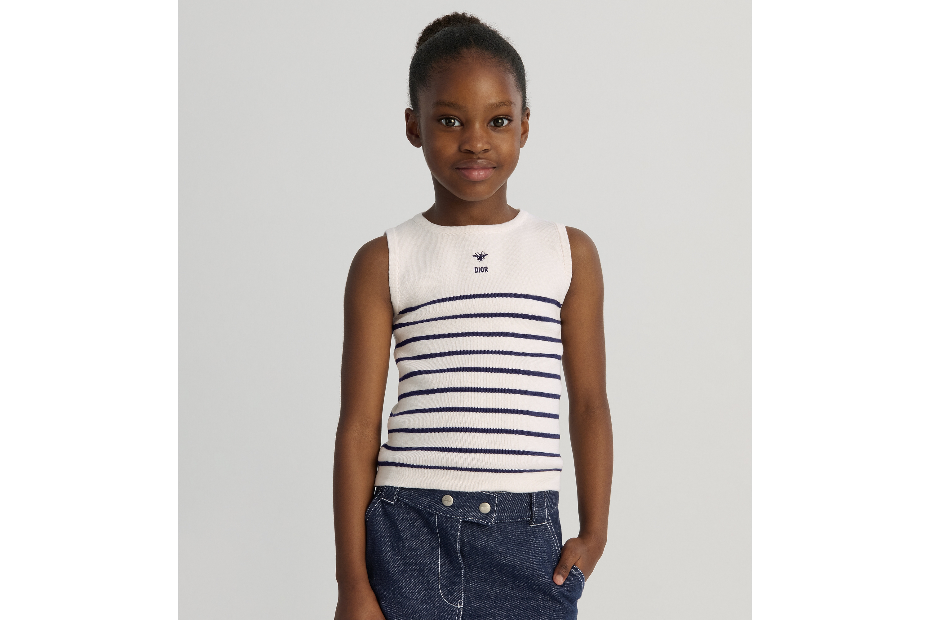 童裝背心 象牙色棉和羊絨織物配海軍藍色條紋 E07
