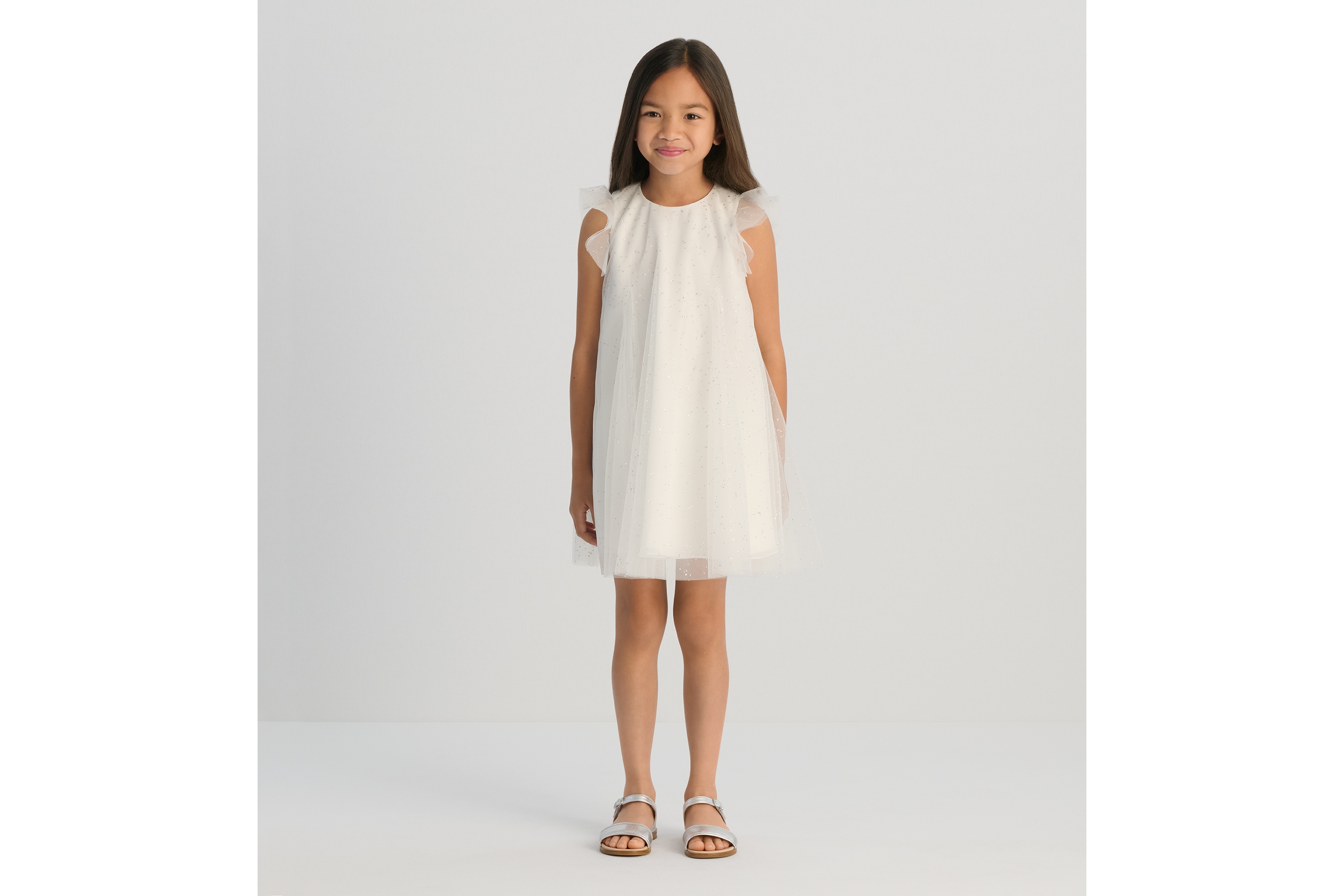 look_image_alt_prefix Ausgestelltes Kleid für Kinder Tüll in Elfenbeinfarbe mit Pailletten in Silberfarbe E08