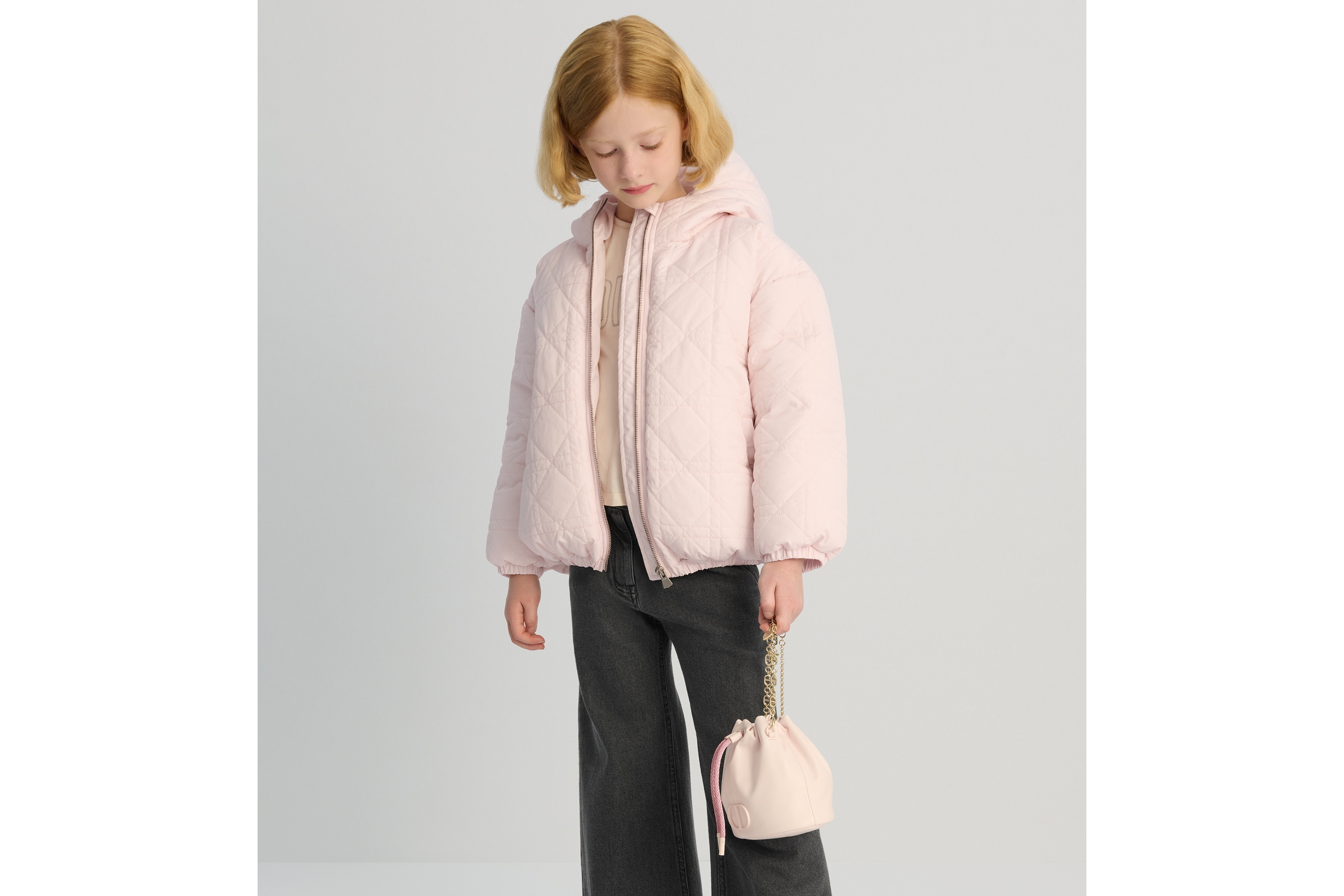 Look Kids' Hooded Down Jacket Pale Pink Cannage Technical Fabric E19