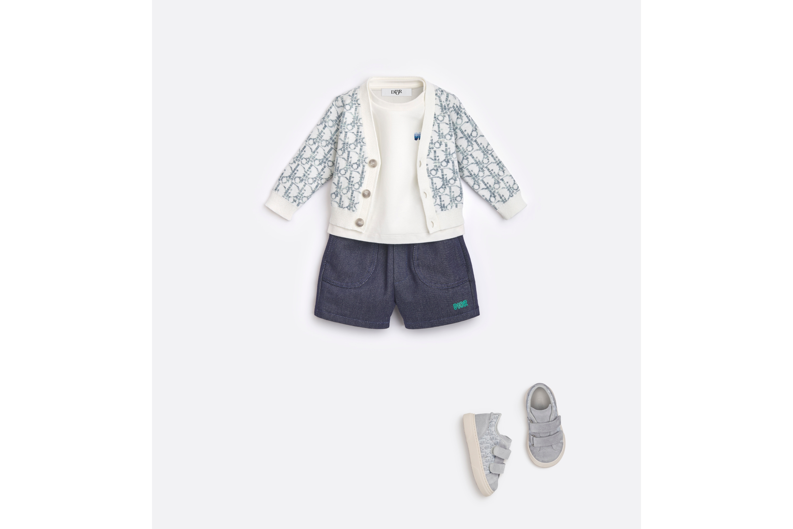 Look Baby Cardigan Ivory Cotton Knit with Green and Blue Jacquard Dior Oblique Motif E08