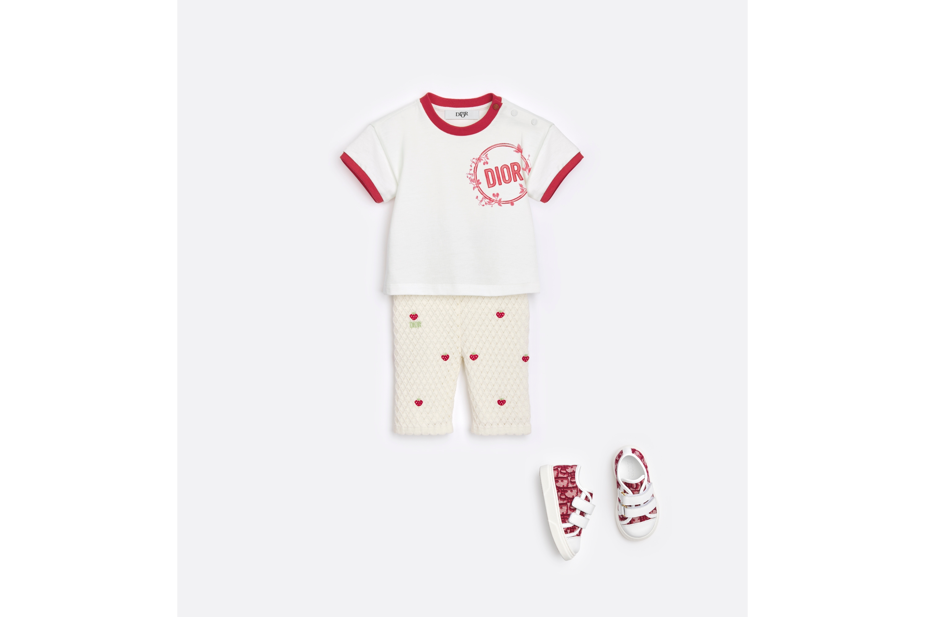 Look Baby Pants Ivory Cotton and Wool Crochet-Effect Knit with Multicolor Jardin de Fraises Embroidery E08