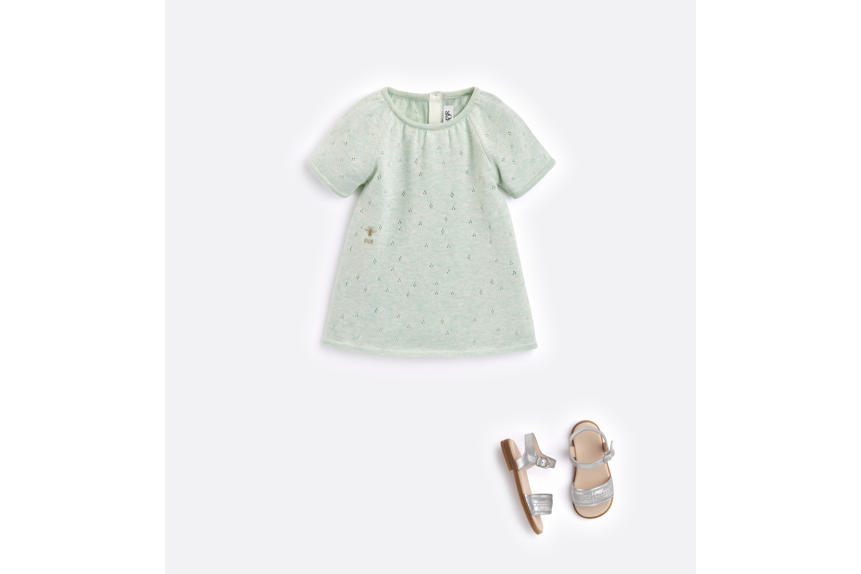 Baby Flared Dress Light Green Openwork Cotton Mouliné Knit E08