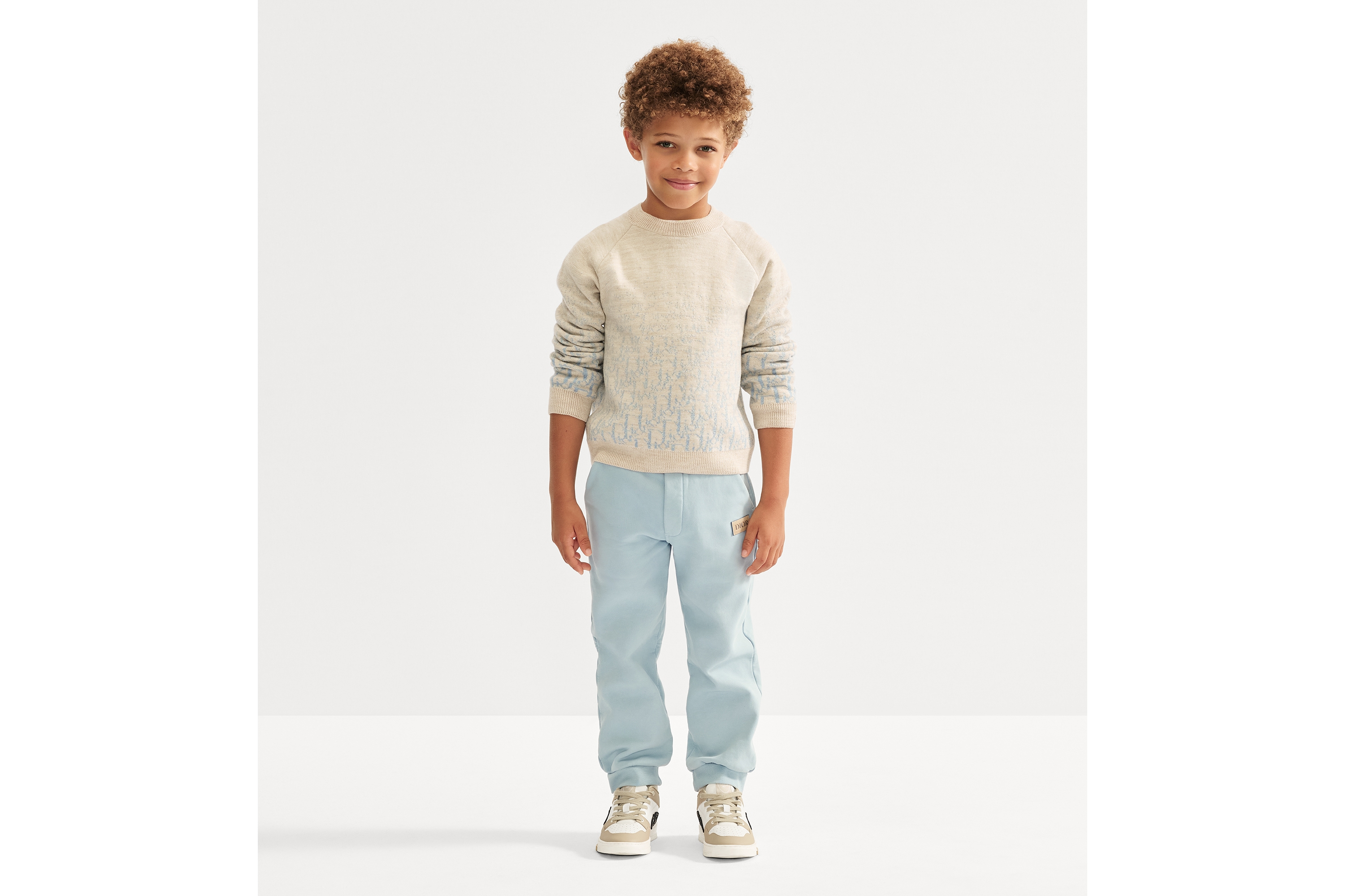 Kids' Sweater Beige Wool Knit with Gradient Light Blue Dior Oblique Jacquard E01