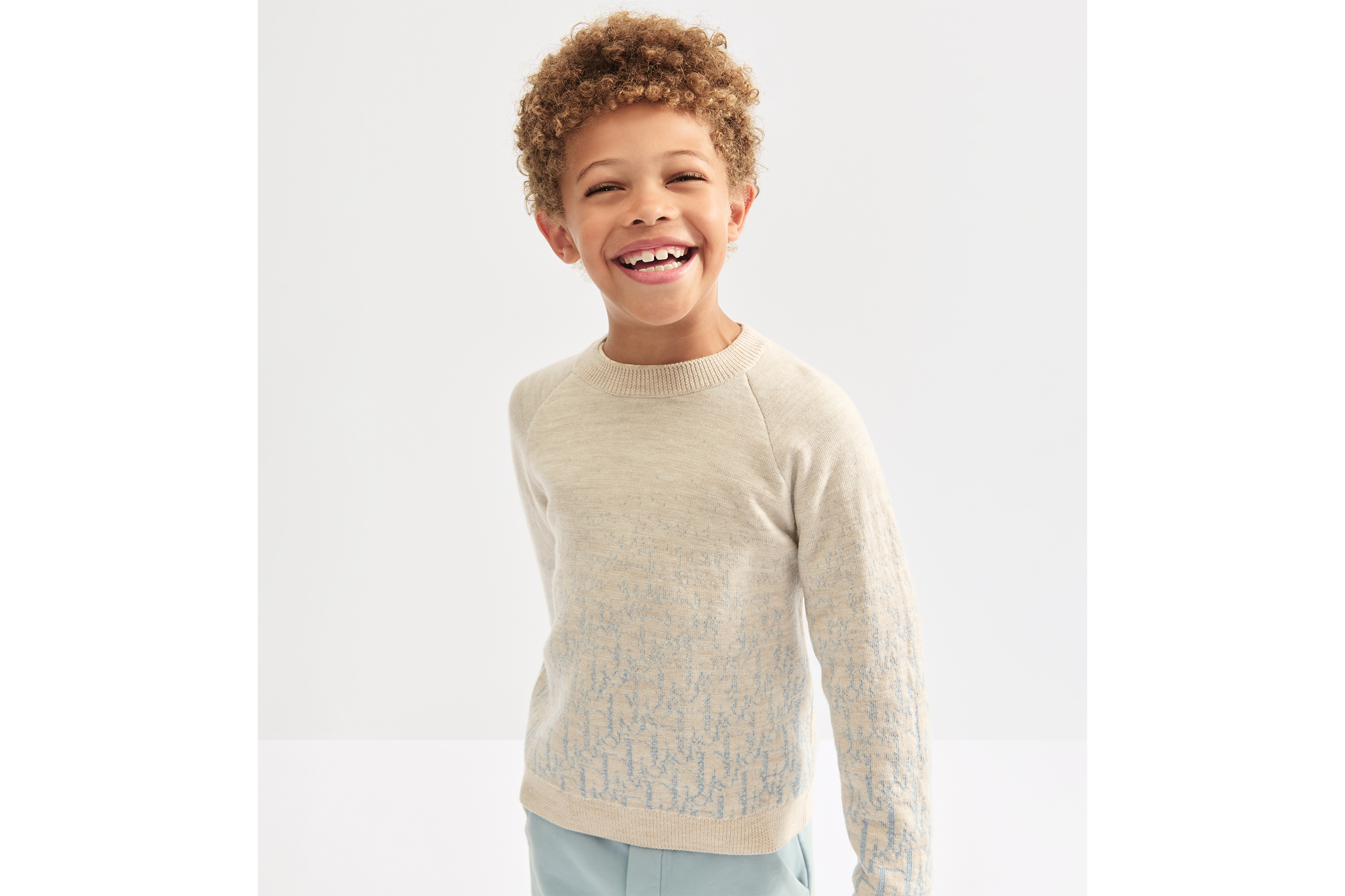 Kids' Sweater Beige Wool Knit with Gradient Light Blue Dior Oblique Jacquard E02