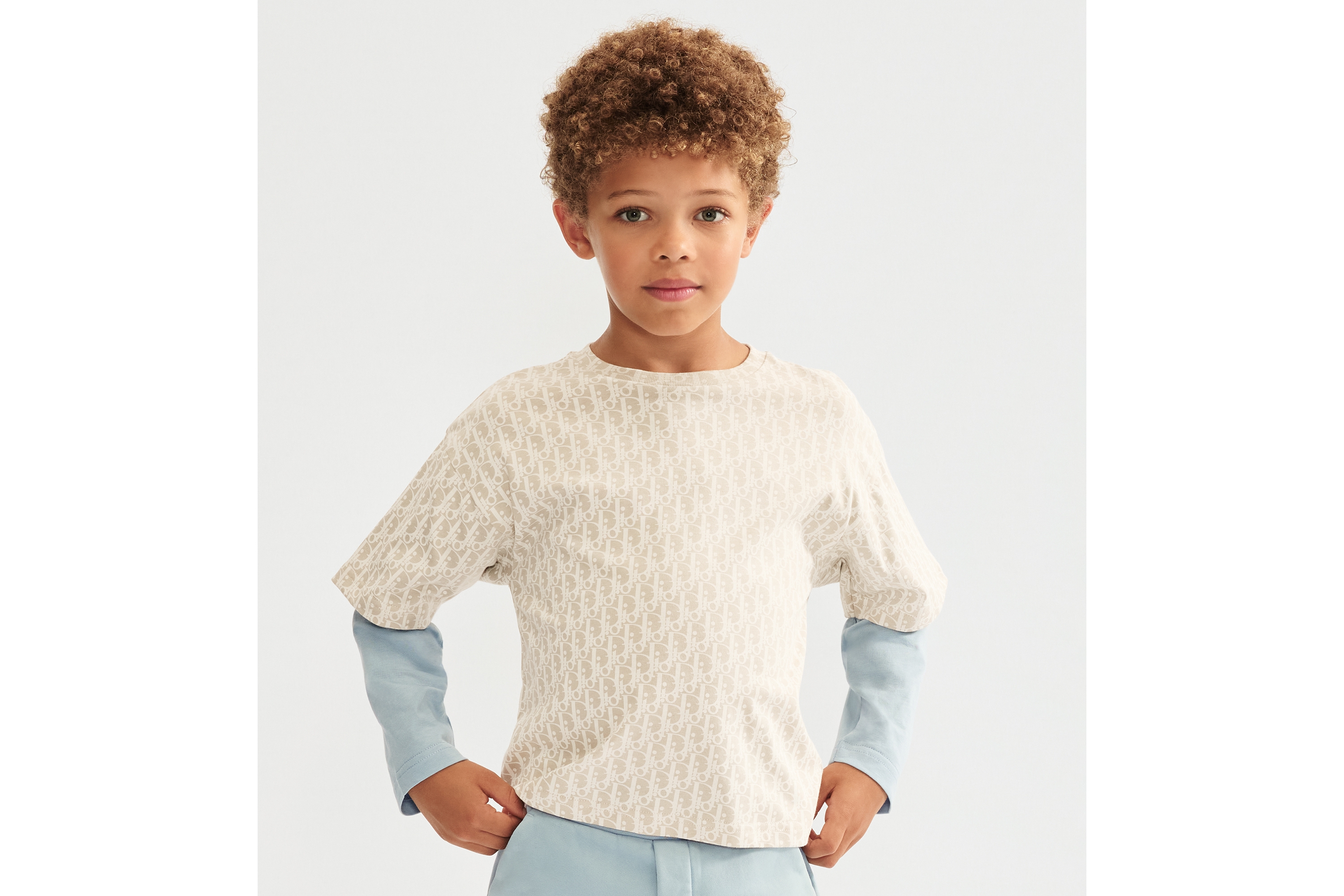 Kids' Long-Sleeved T-Shirt Beige and Light Blue Dior Oblique Cotton Jersey E07