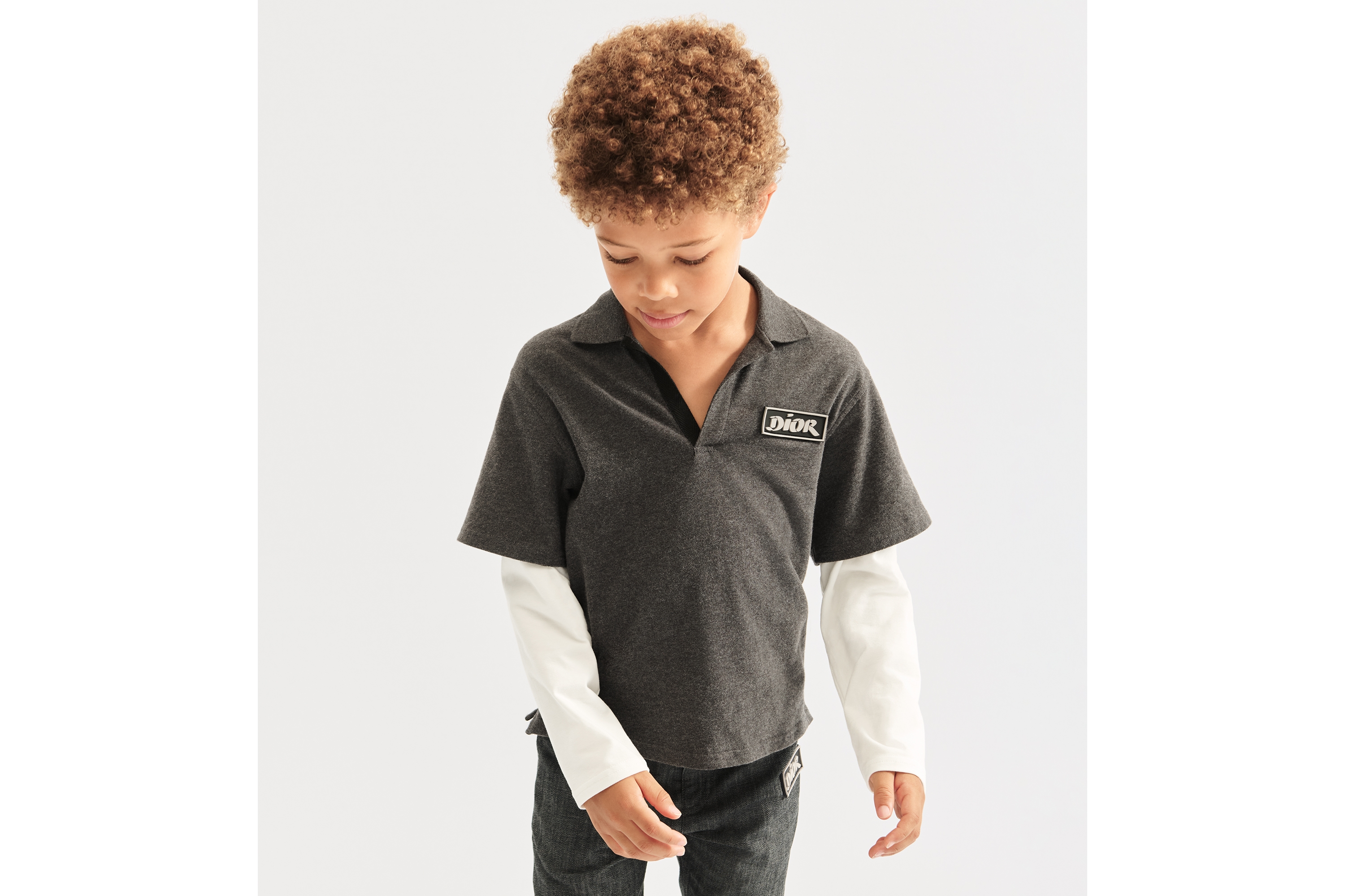 Kids' Long-Sleeved Polo Shirt Anthracite Gray and Ivory Cotton Jersey E23