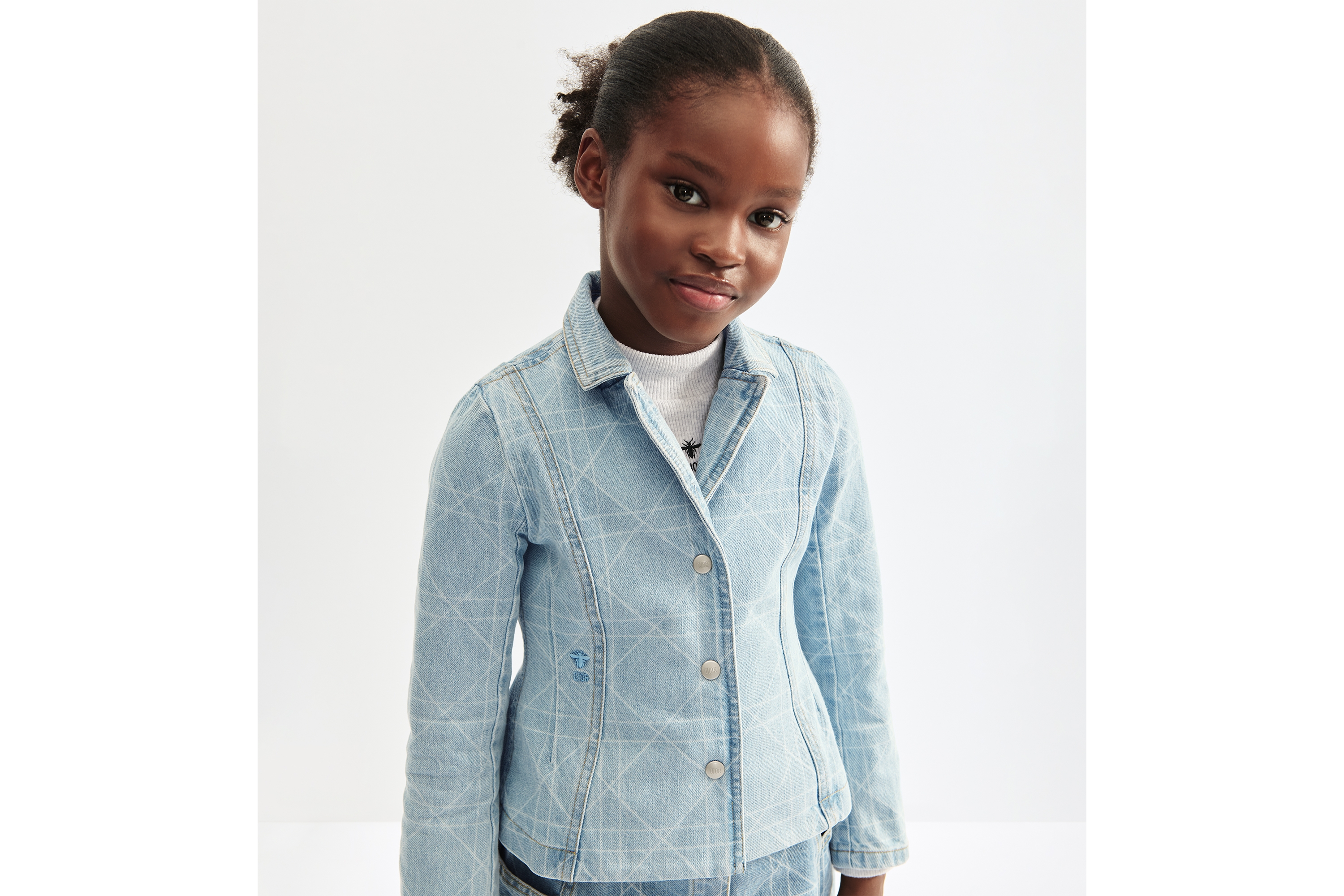 Bar-jasje voor kinderen Blauw katoendenim met Cannage-motief E02