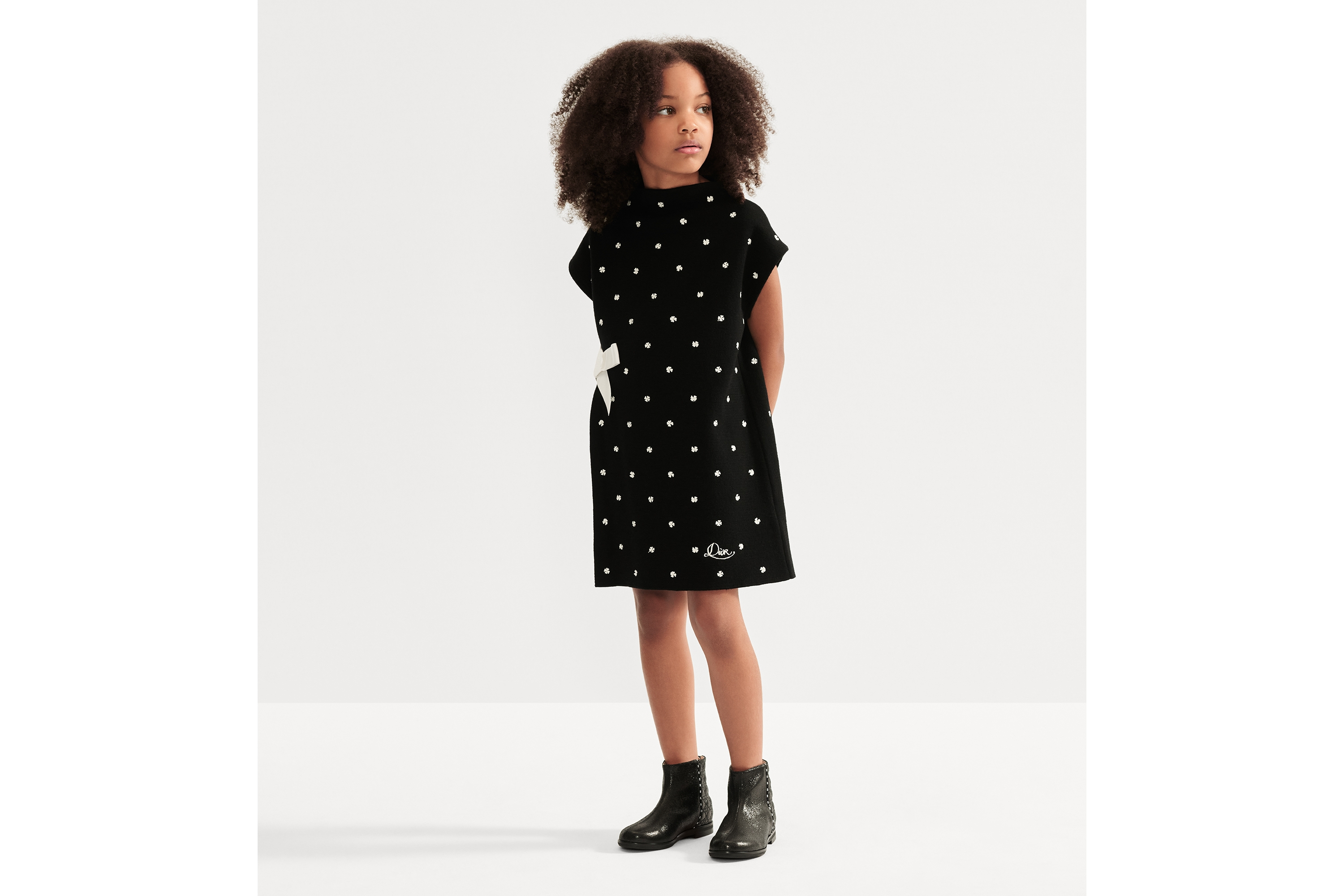 Kids' A-Line Dress Black Wool Punto Milano Knit with Ivory Clover