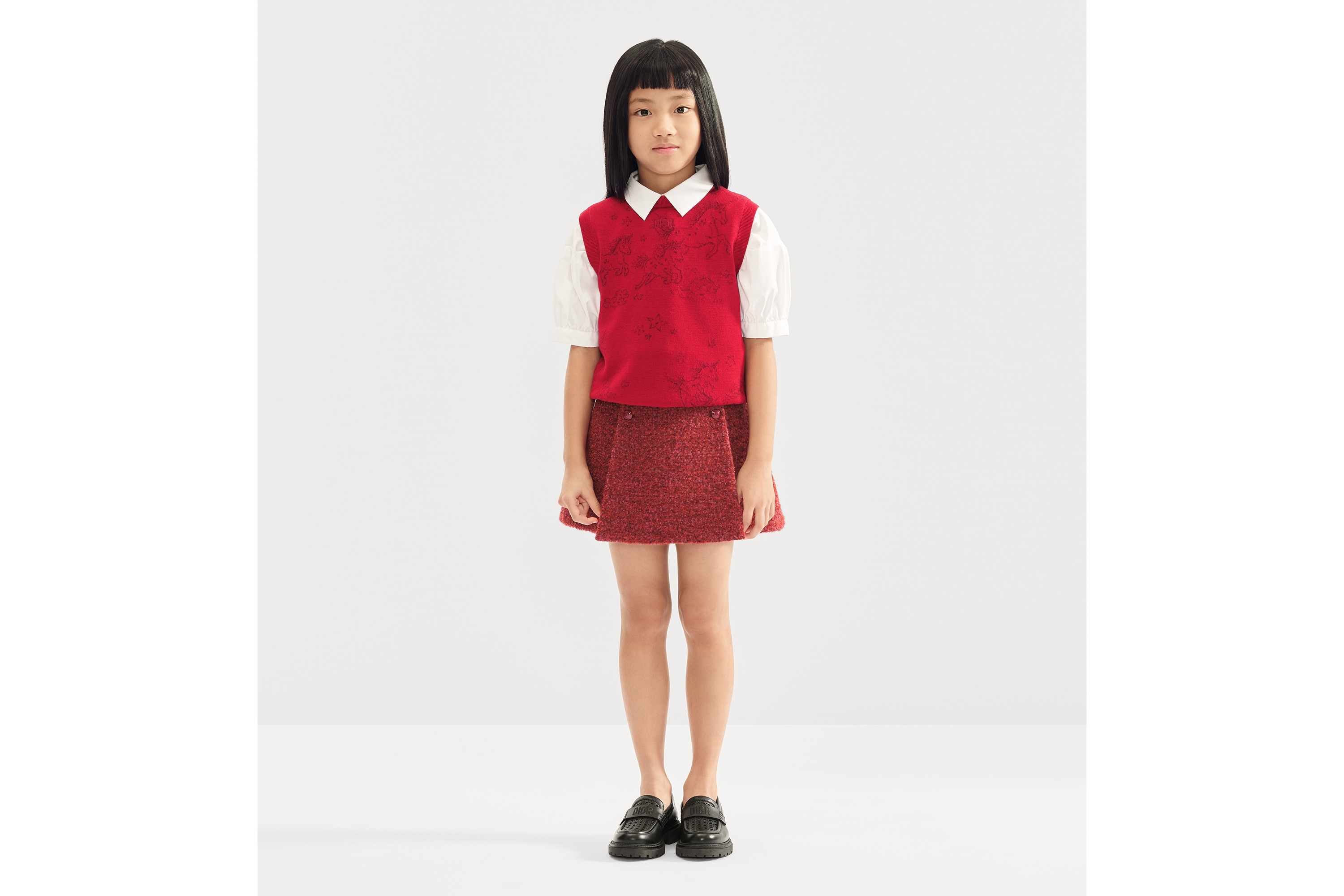 Kids' Sweater Vest Red Jacquard Wool Knit with Deep Red Unicorns E07