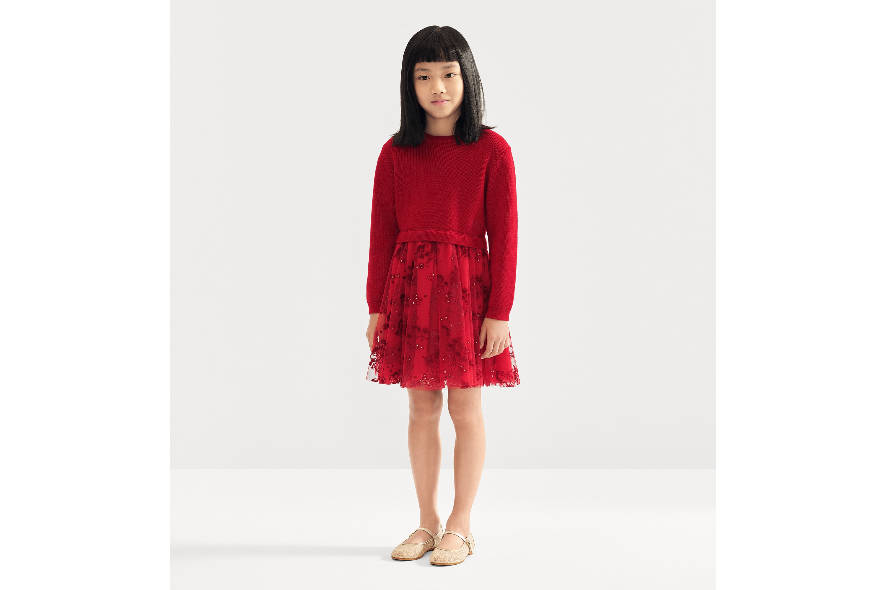 look_image_alt_prefix 童裝喇叭連身裙 紅色羊毛針織和紅色薄紗配深紅色及金色色調獨角獸主題圖案 E13