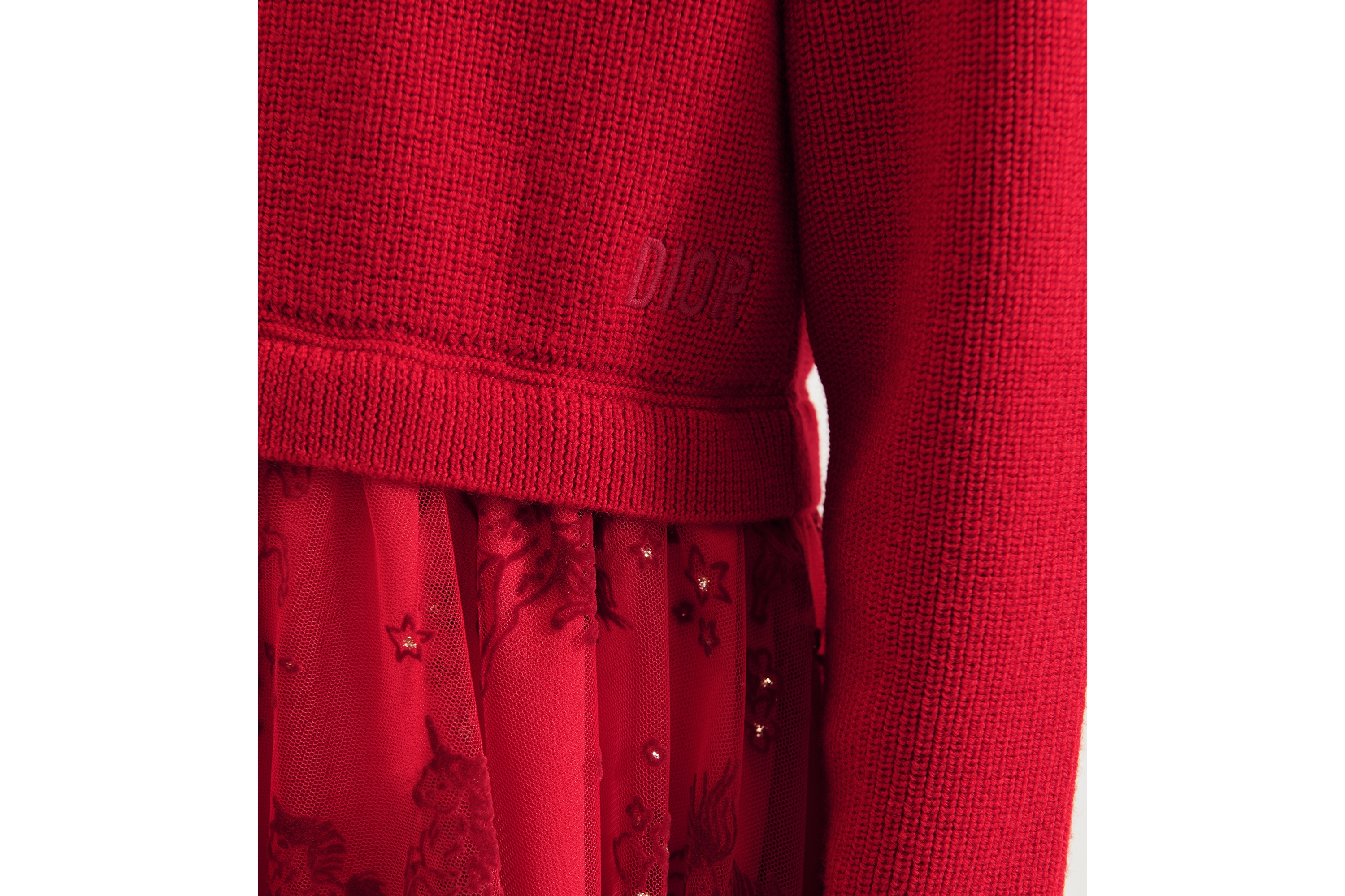 look_image_alt_prefix 童裝喇叭連身裙 紅色羊毛針織和紅色薄紗配深紅色及金色色調獨角獸主題圖案 E15