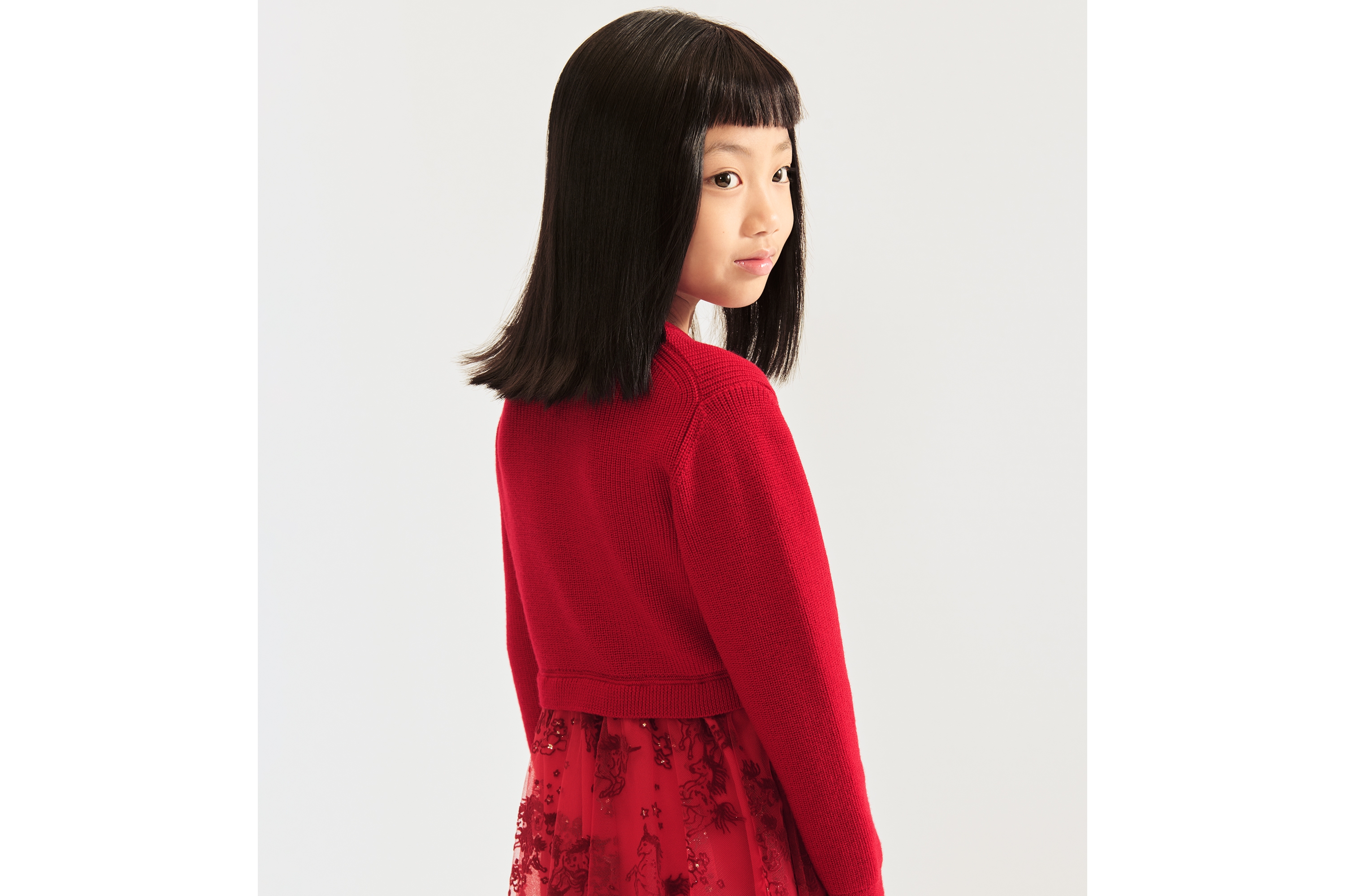 look_image_alt_prefix 童裝喇叭連身裙 紅色羊毛針織和紅色薄紗配深紅色及金色色調獨角獸主題圖案 E16