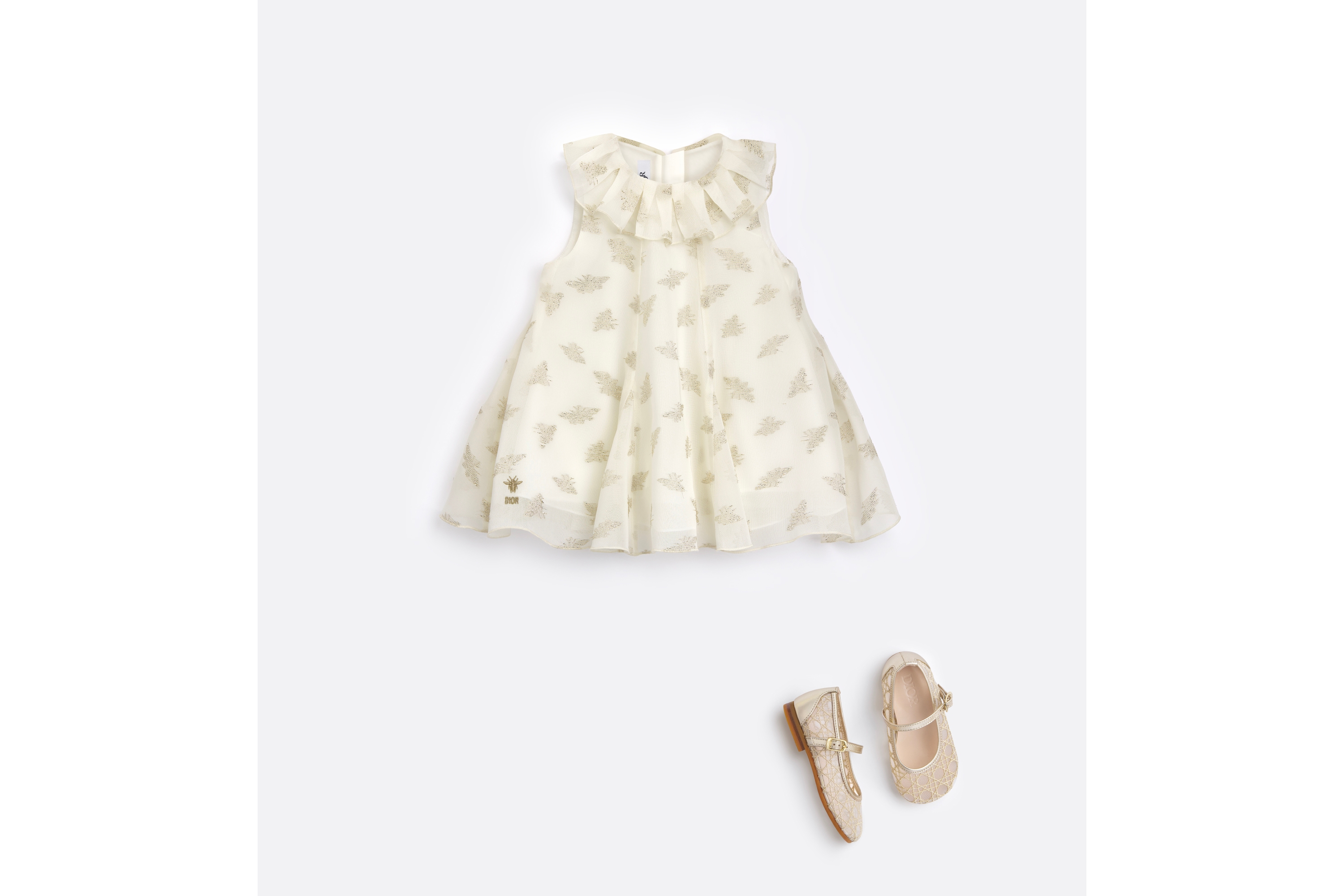 Robe évasée bébé Mousseline ivoire jacquard abeilles doré E08