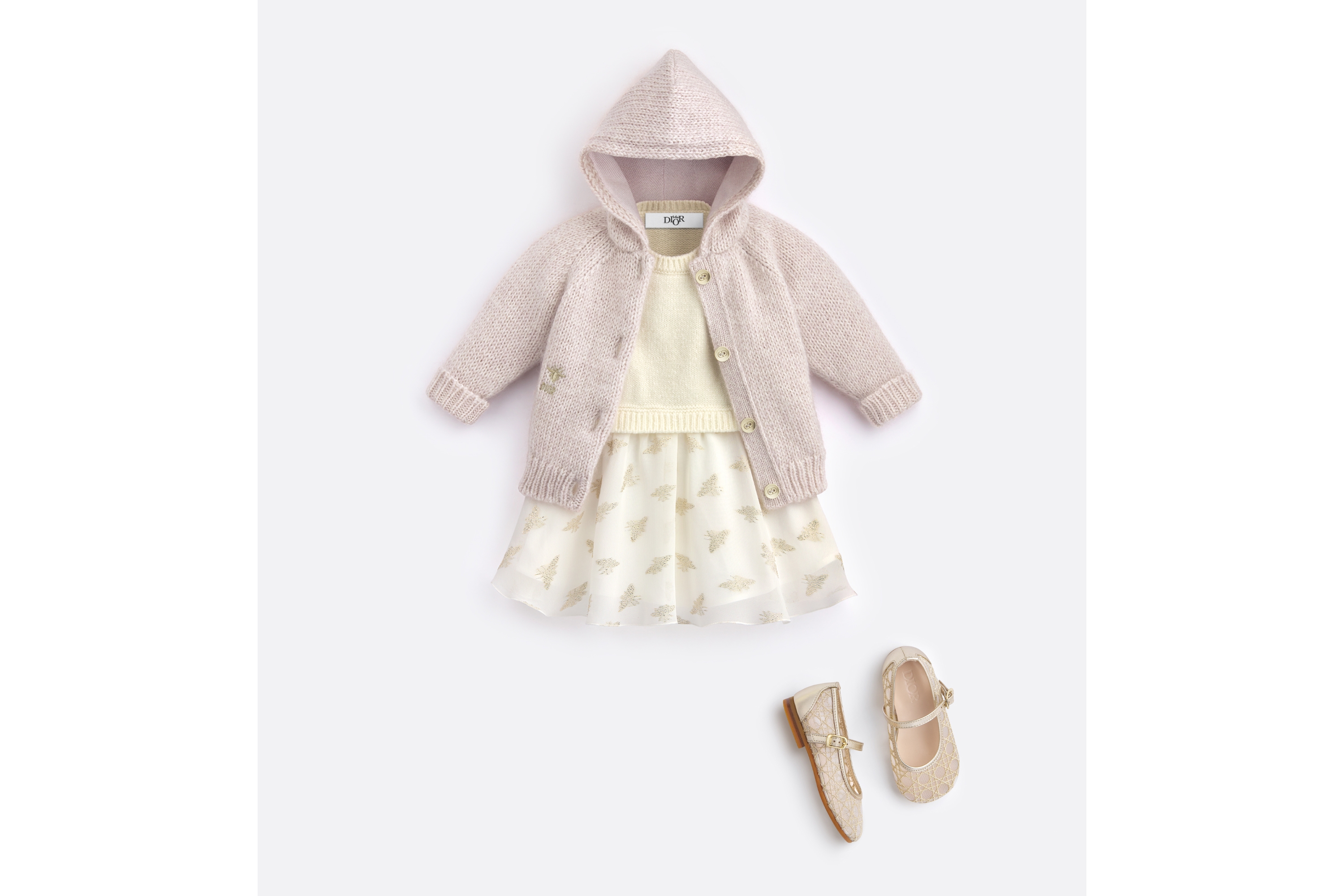 Look Baby Flared Dress Ivory Wool and Silk Knit and Ivory Chiffon with Gold-Tone Jacquard Bees E08