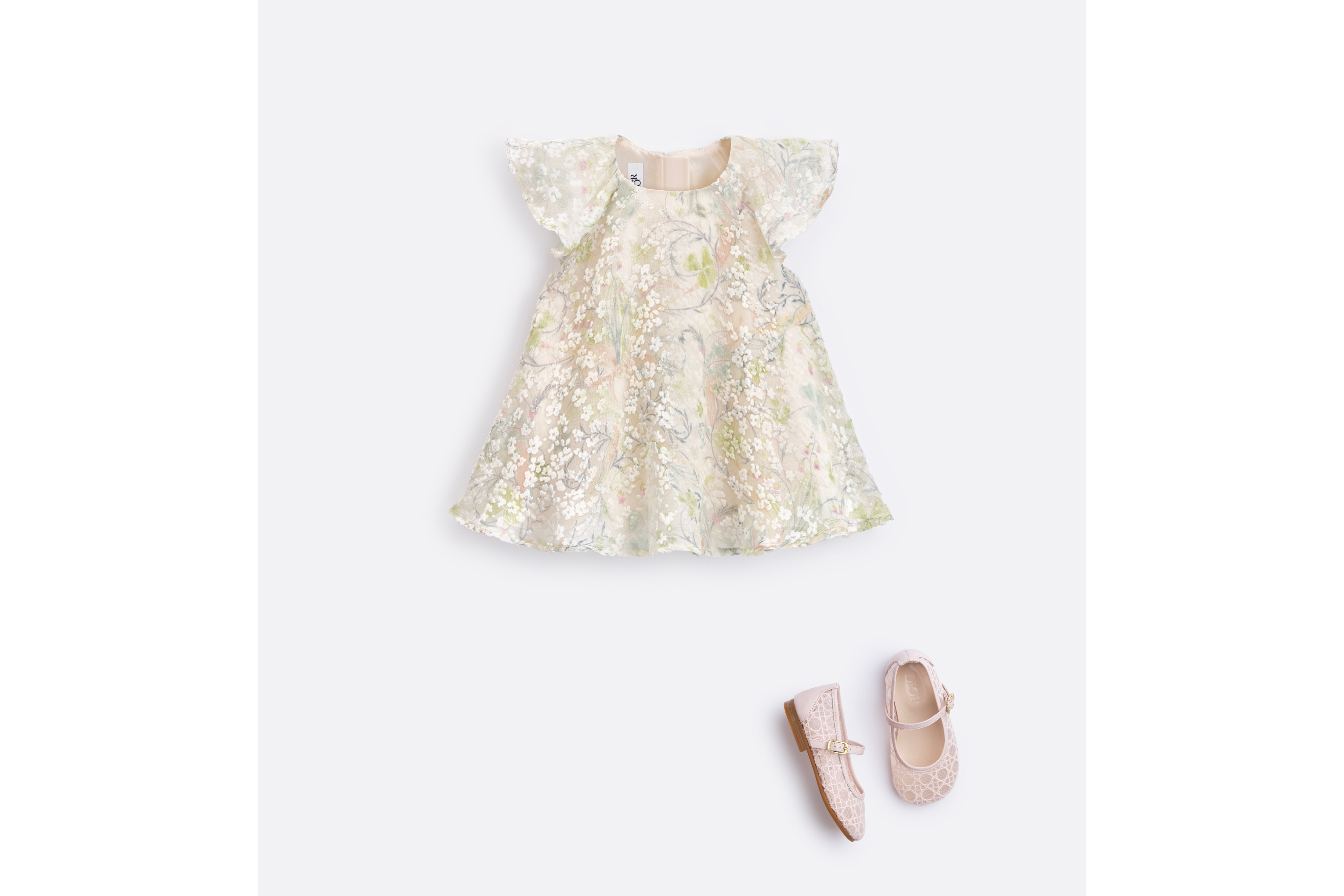 Look Baby Ballet Flat Ivory Tulle with Pale Pink Cannage Embroidery and Calfskin E08