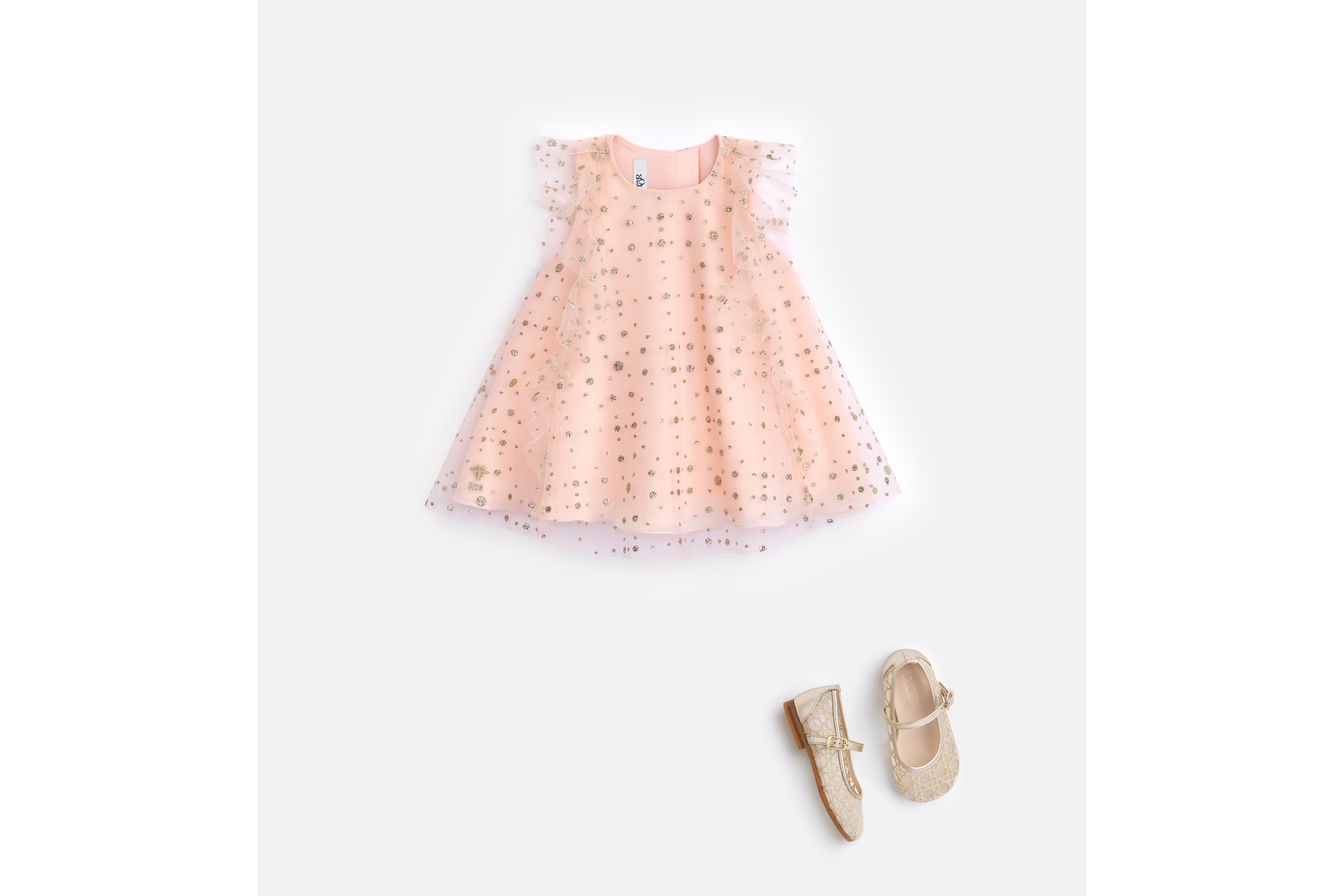 Ballerine bébé Tulle ivoire brodé Cannage et cuir d'agneau dorés E08