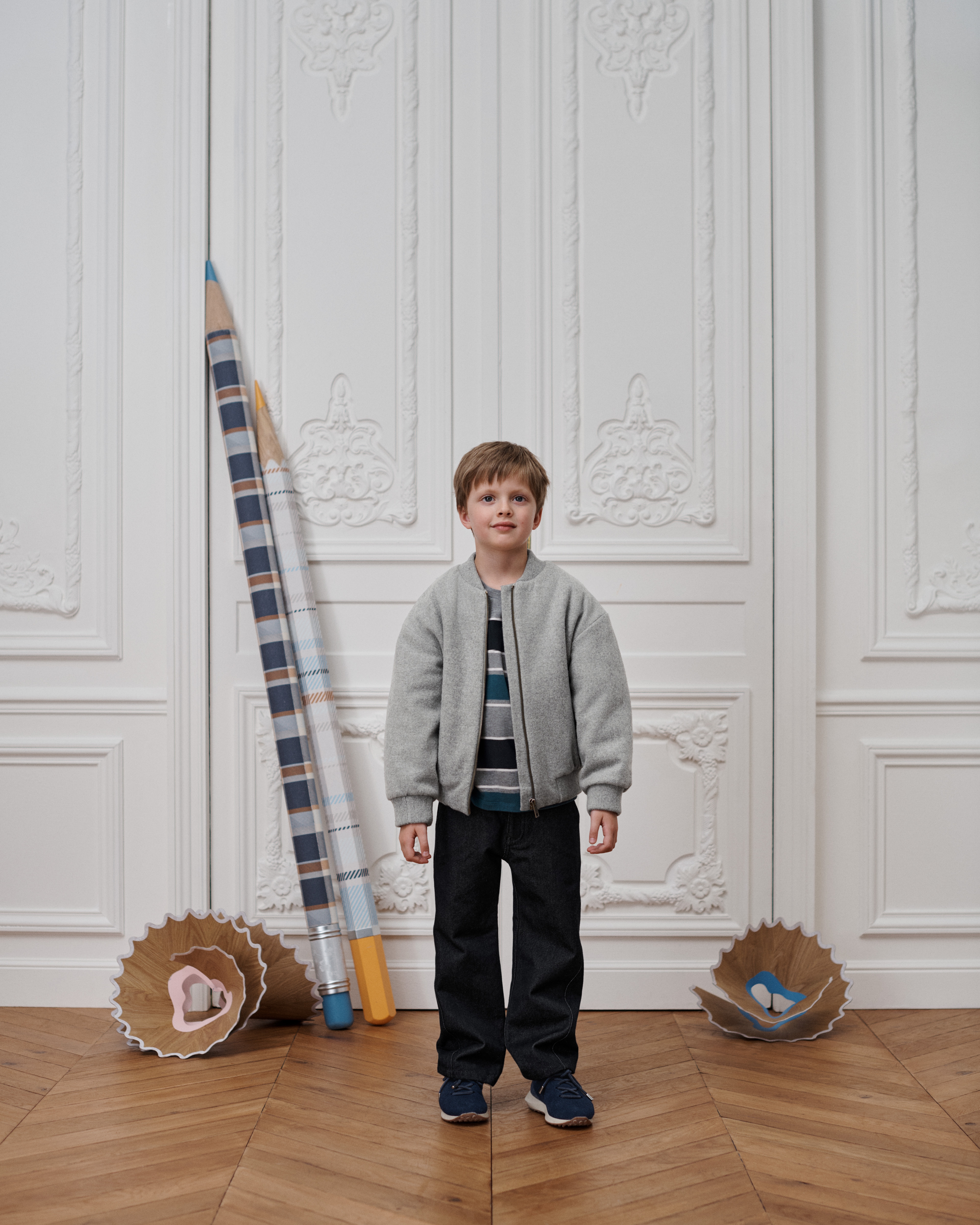 Kids' Jacket Heathered Light Gray Quilted Wool Blend E01