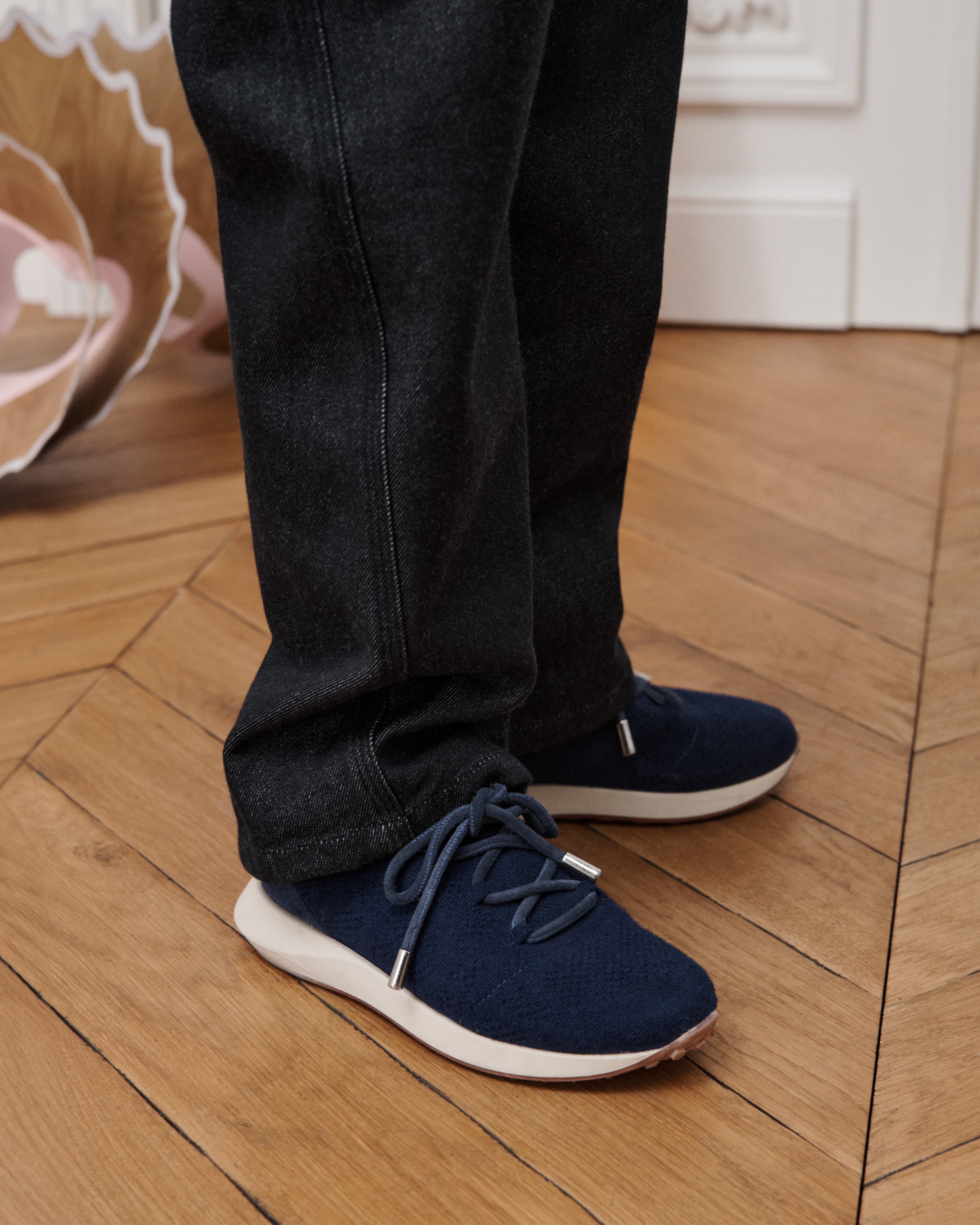 Kids' B80 Lounge Sneaker Navy Blue Cannage Cashmere, Wool and Silk Knit with Suede E23
