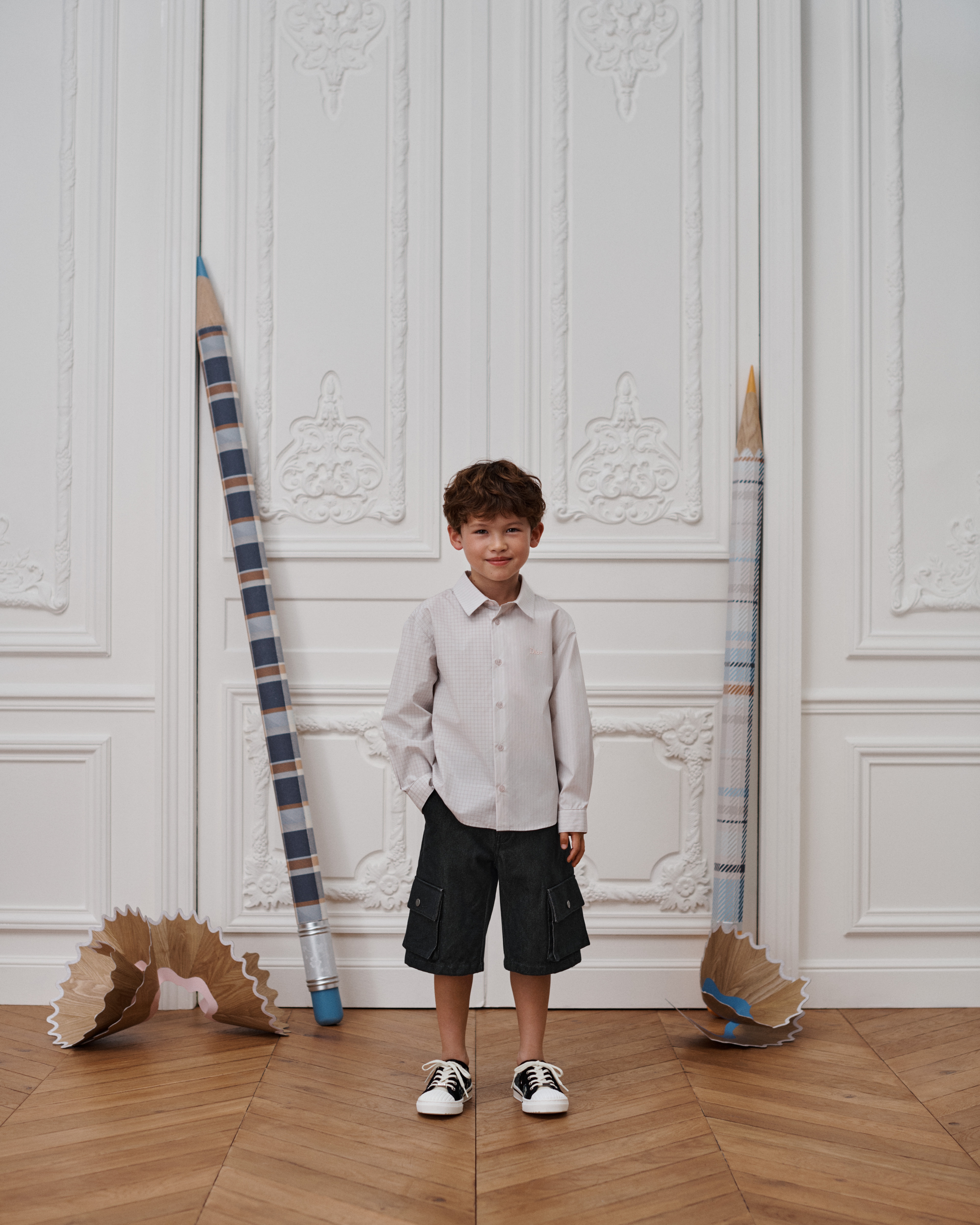 Kids' Shirt Gray and Pale Pink Striped and Checkered Cotton Poplin E07
