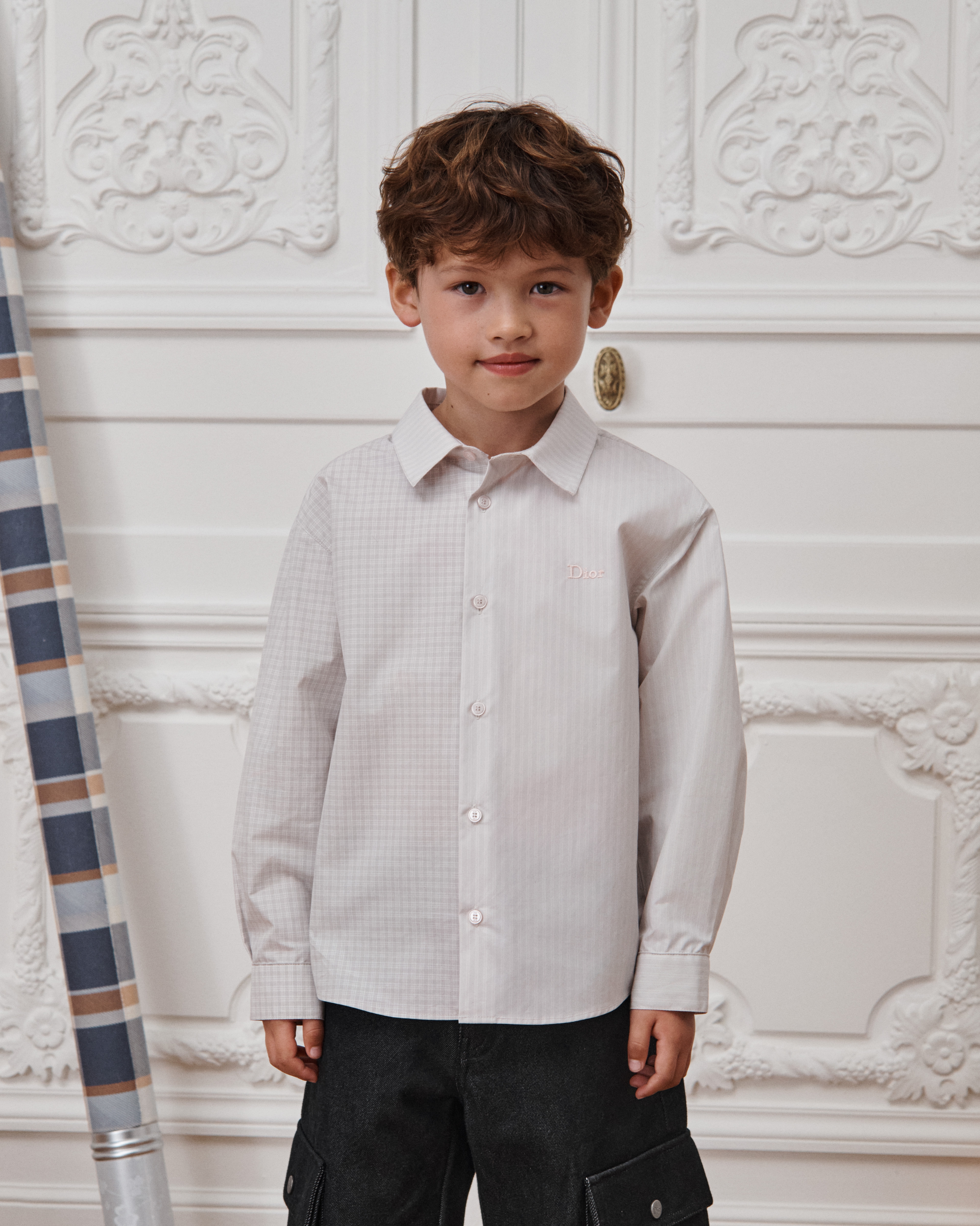 Kids' Shirt Gray and Pale Pink Striped and Checkered Cotton Poplin E08