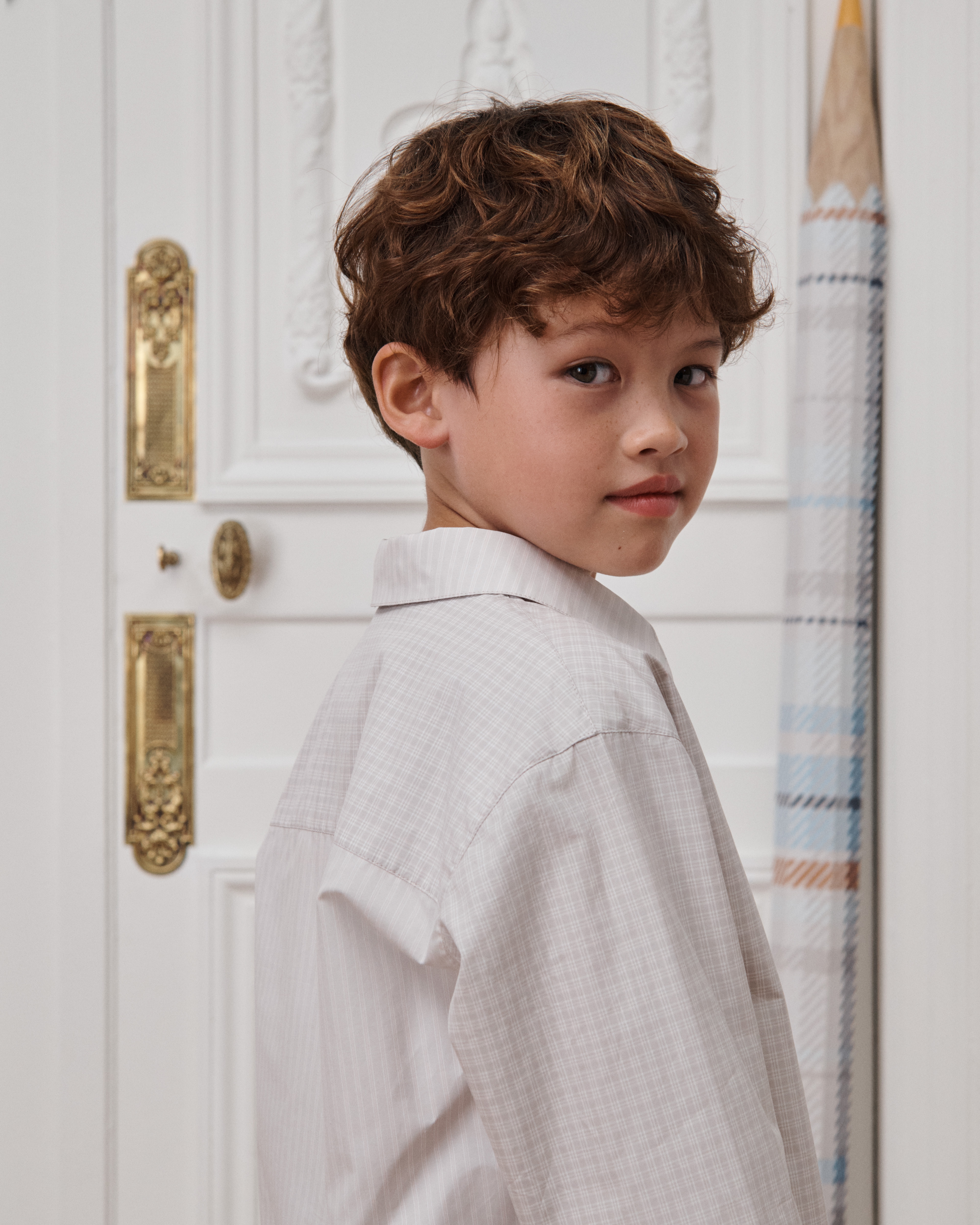 Kids' Shirt Gray and Pale Pink Striped and Checkered Cotton Poplin E09