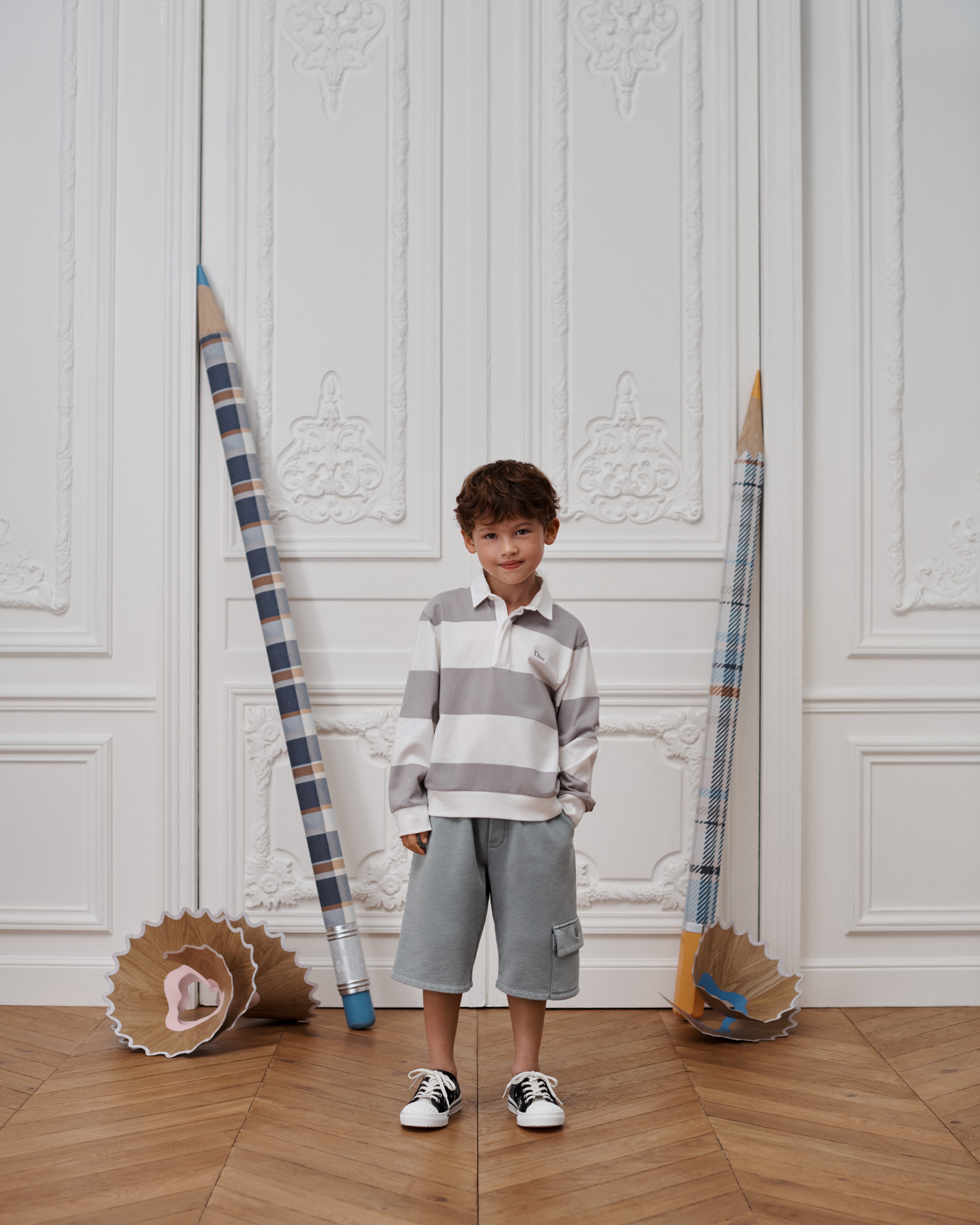 Kids' Long-Sleeved Polo Shirt Ivory and Gray Striped Cotton Jersey E07