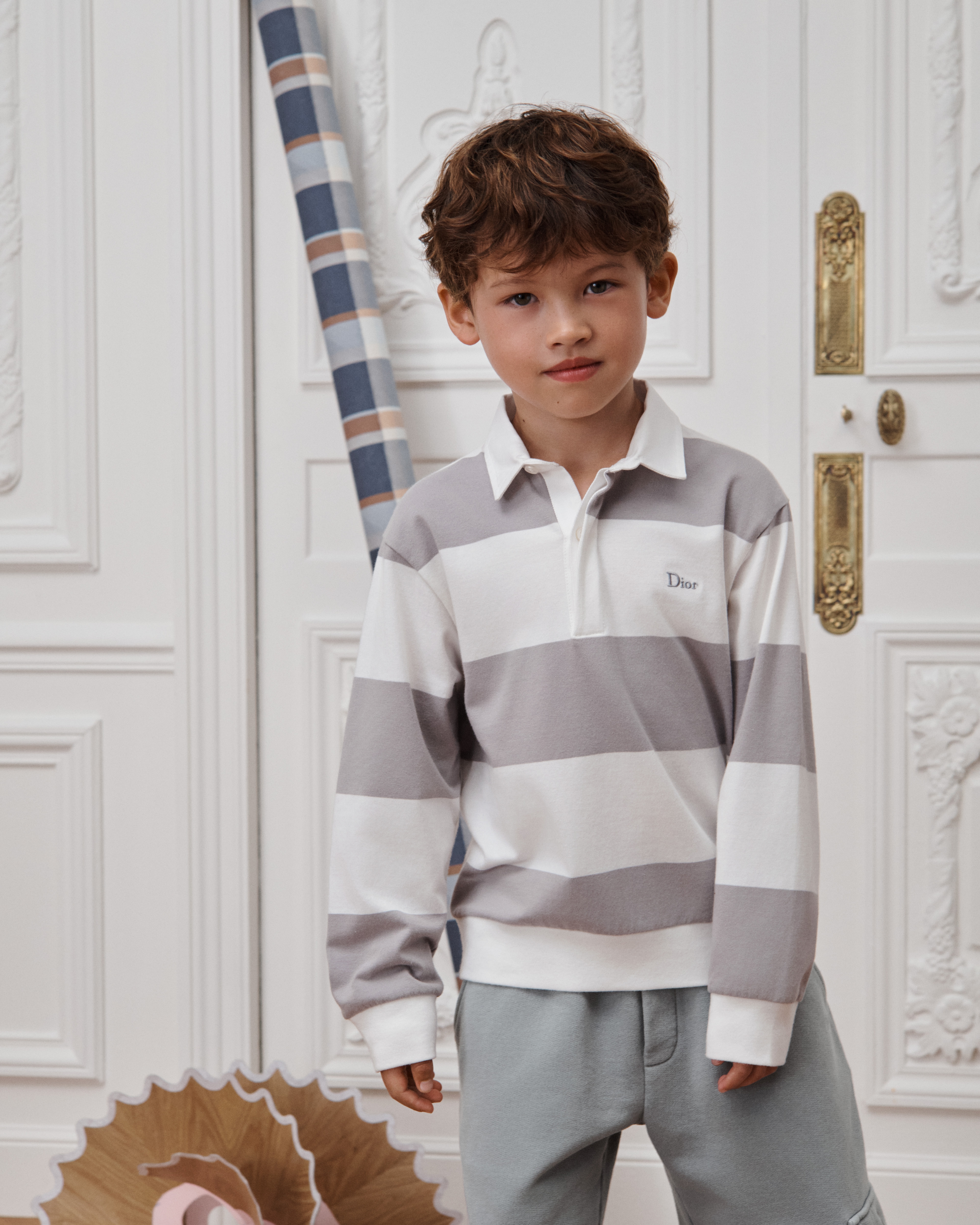 Kids' Long-Sleeved Polo Shirt Ivory and Gray Striped Cotton Jersey E08