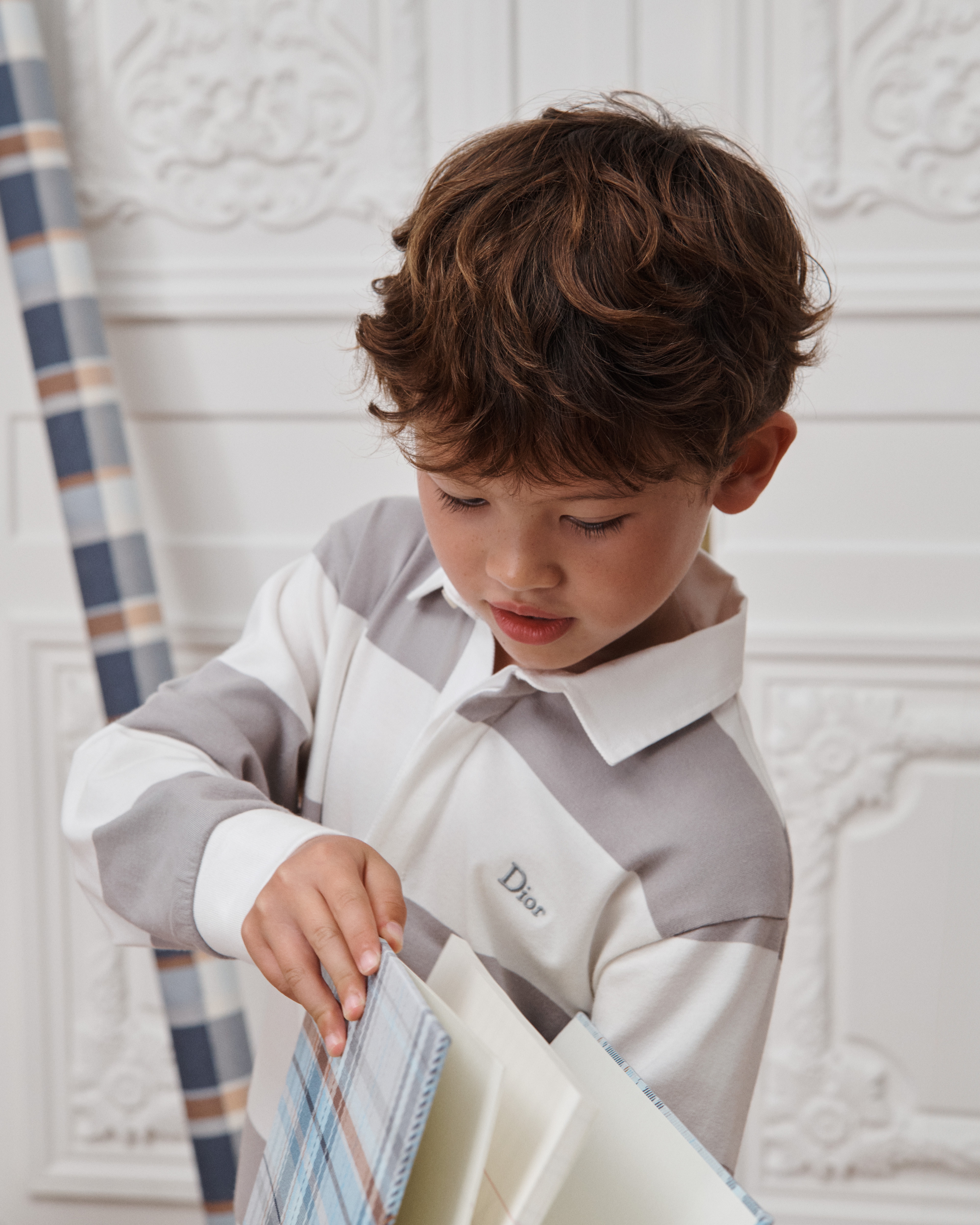 Kids' Long-Sleeved Polo Shirt Ivory and Gray Striped Cotton Jersey E09