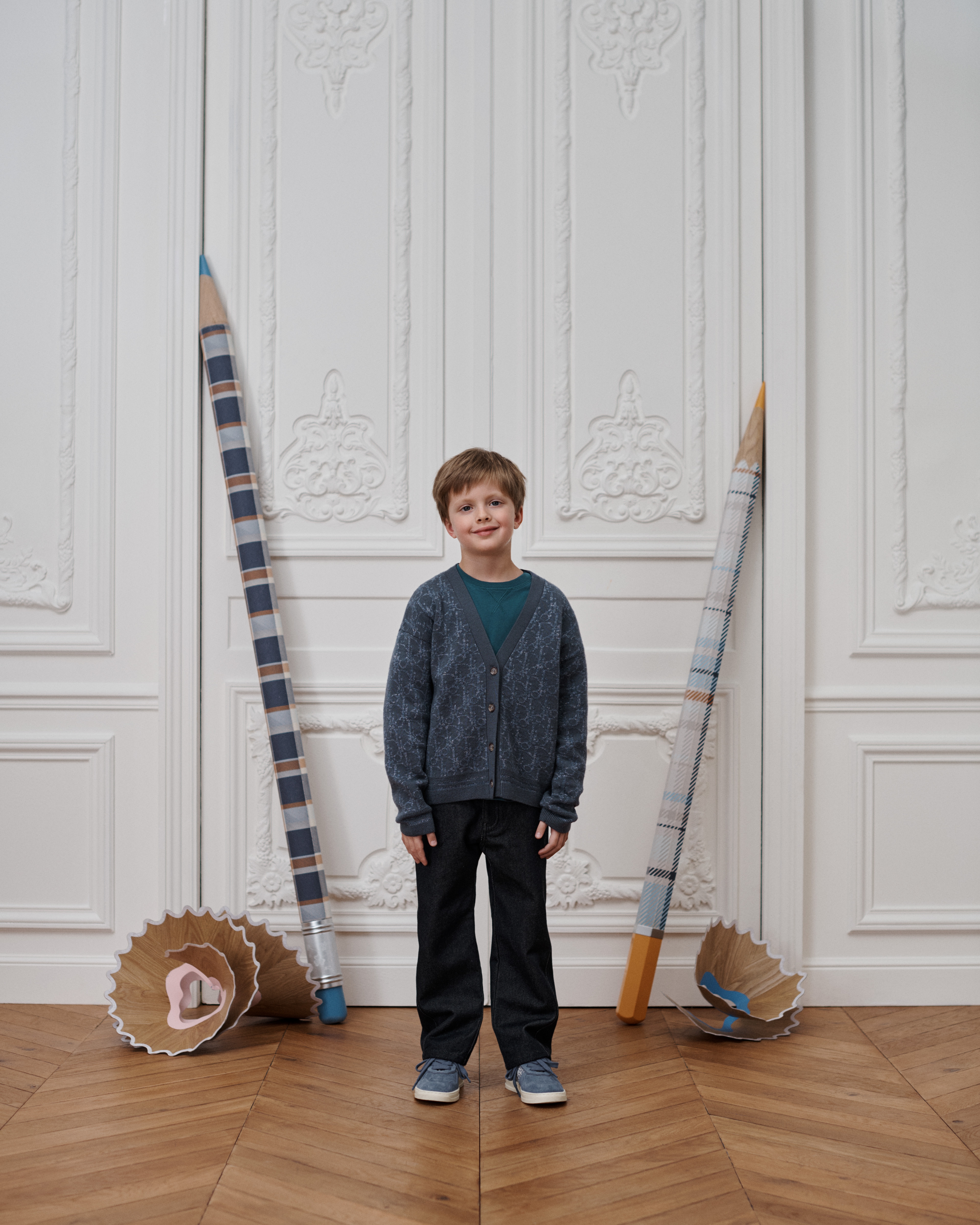 Cárdigan infantil Punto de lana y lino con Dior Oblique en jacquard azul grisáceo deslavado E01