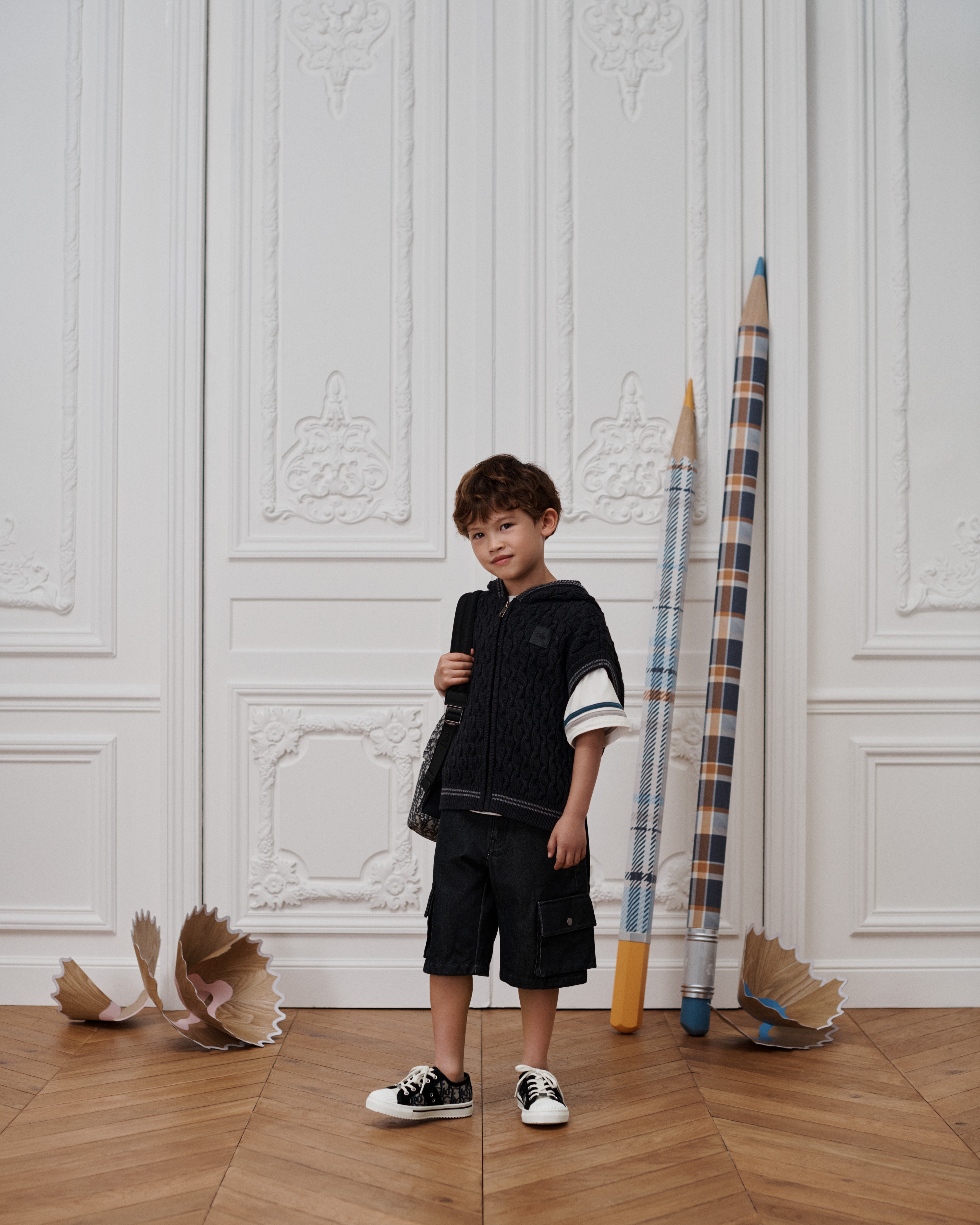 Kids' Zipped Sweater Vest with Hood Deep Gray Cable-Knit Cotton and Wool E01
