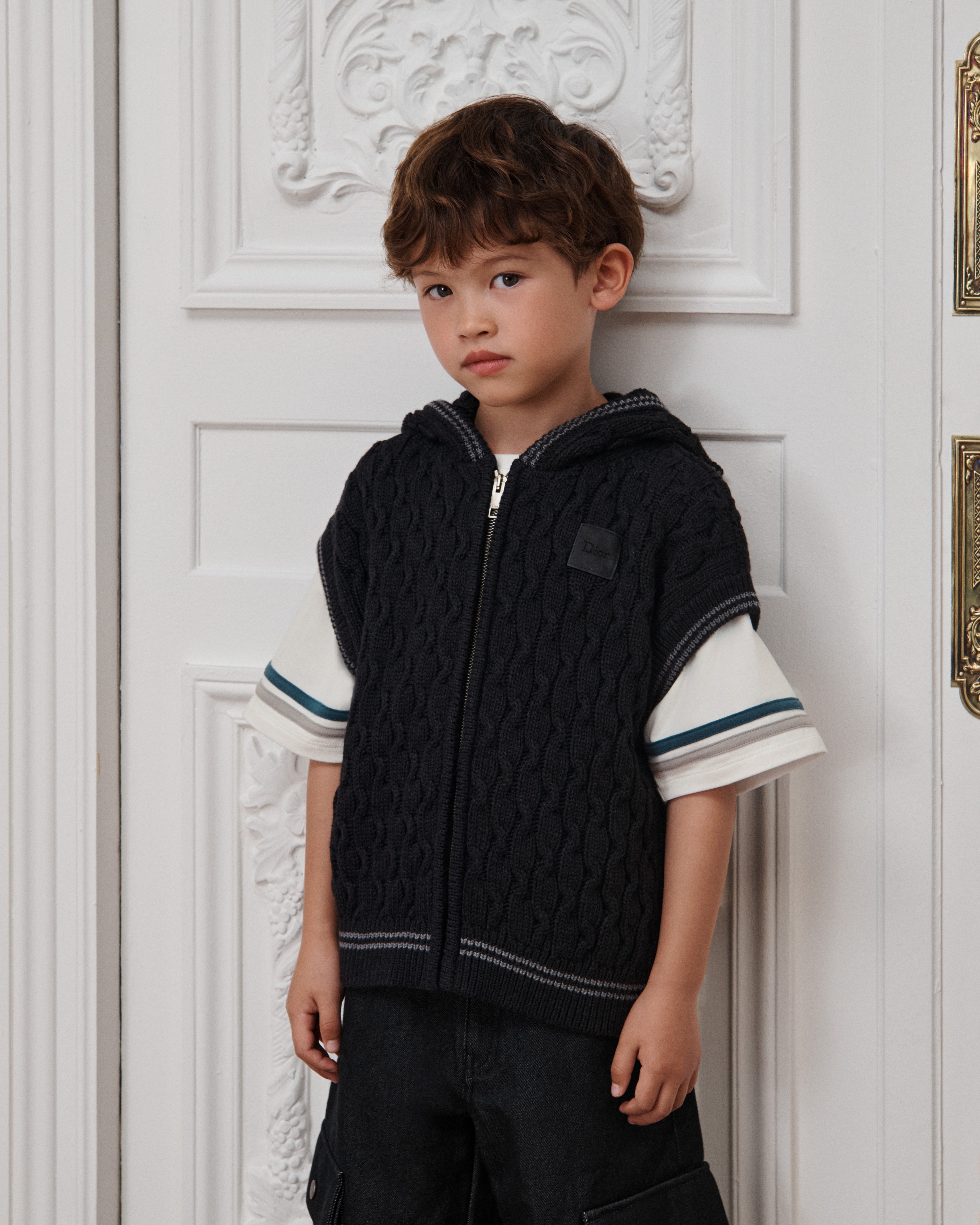 Kids' Zipped Sweater Vest with Hood Deep Gray Cable-Knit Cotton and Wool E02