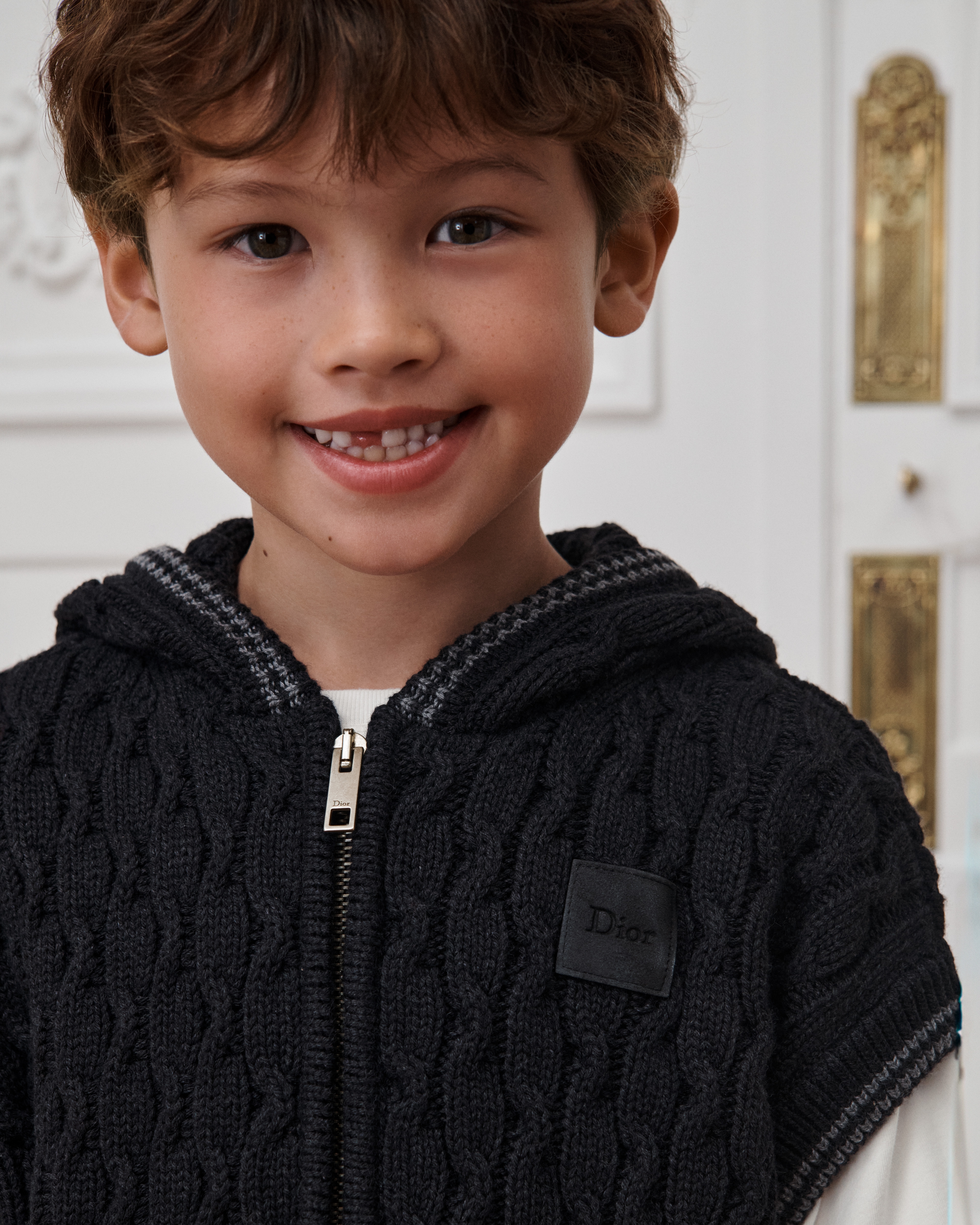 Kids' Zipped Sweater Vest with Hood Deep Gray Cable-Knit Cotton and Wool E03
