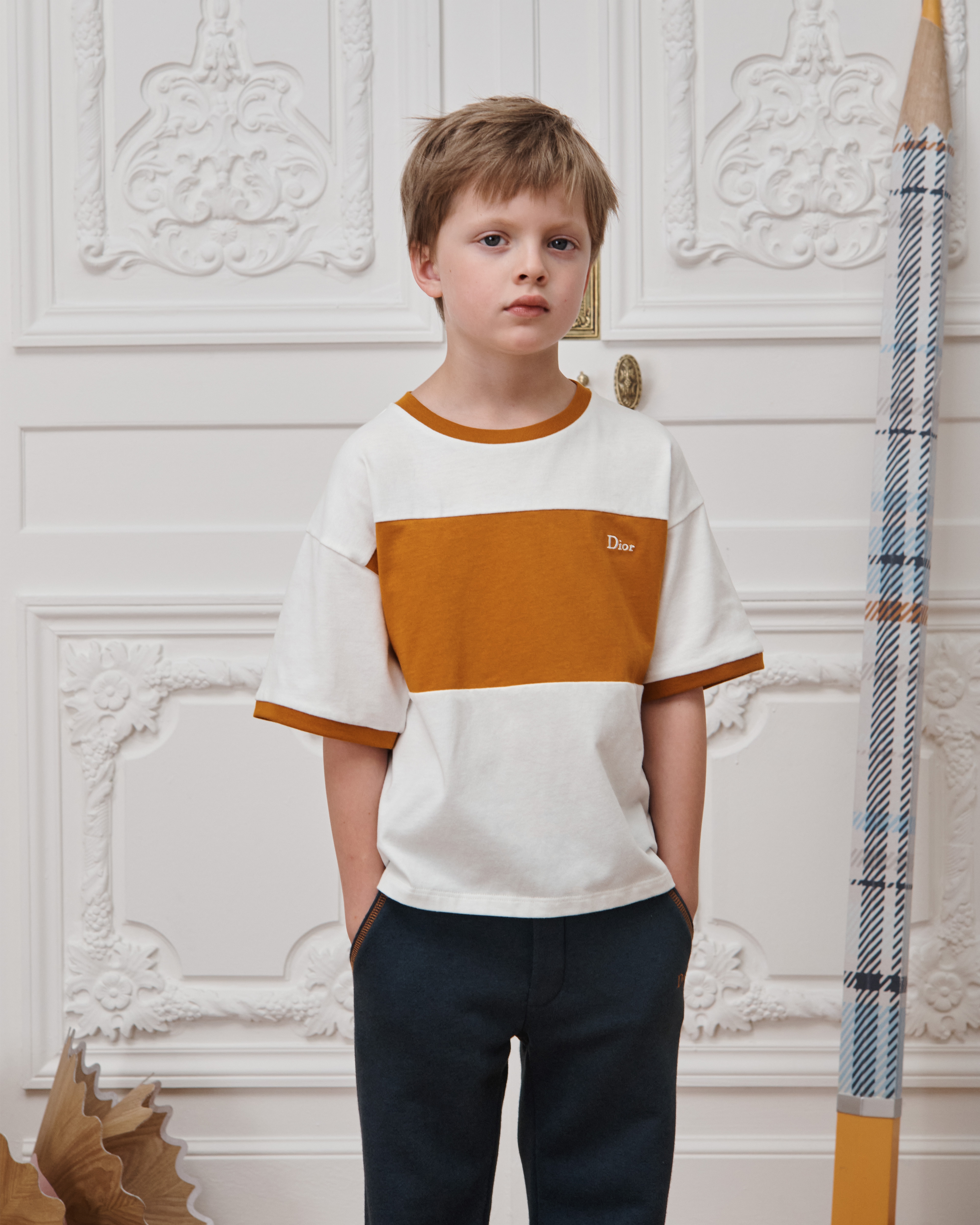 T-shirt enfant Jersey de coton ivoire et camel E02