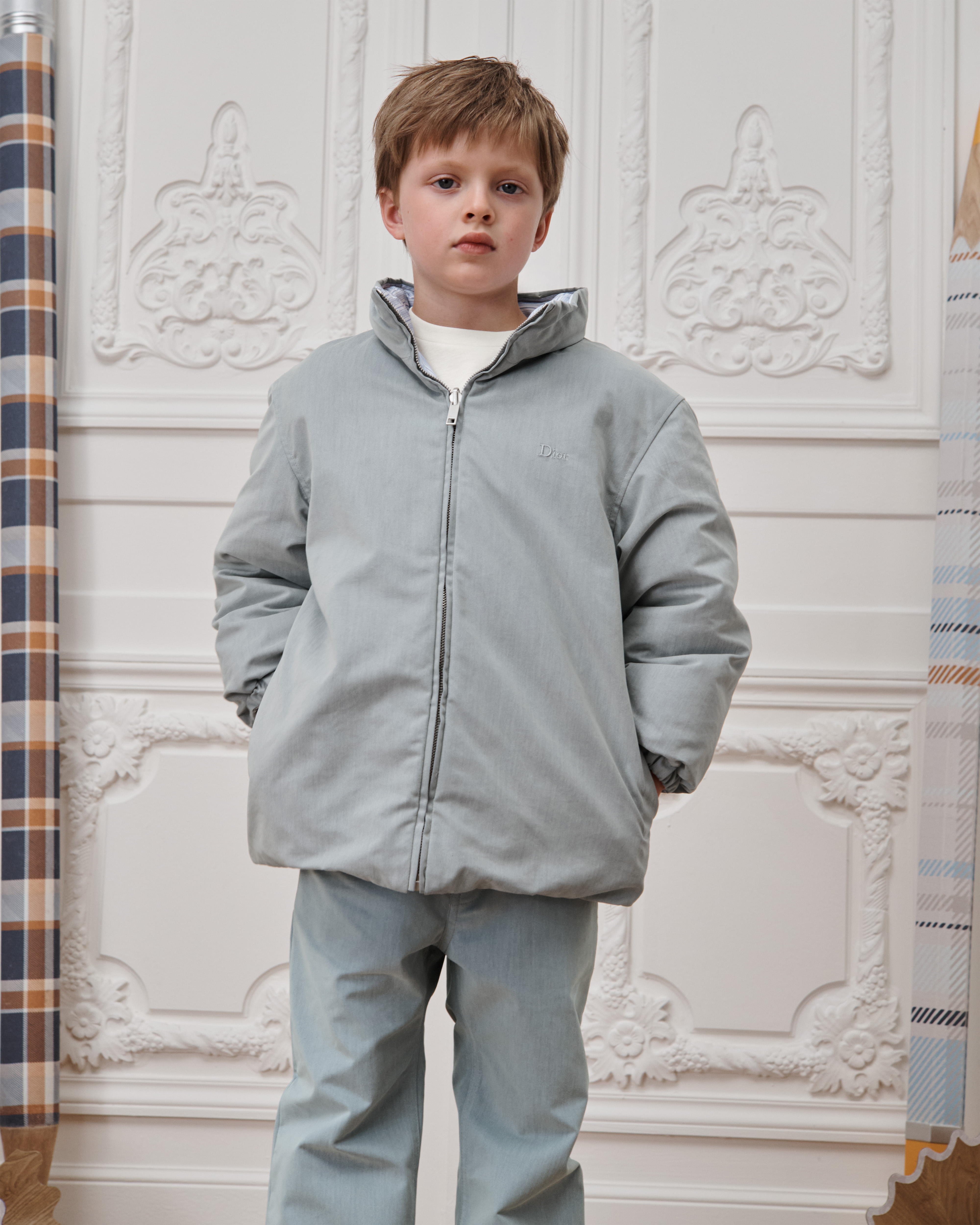 Kids' Reversible Puffer Jacket Stonewashed Blue Water-Repellent Cotton-Blend Technical Fabric with Light Blue Stripes E02