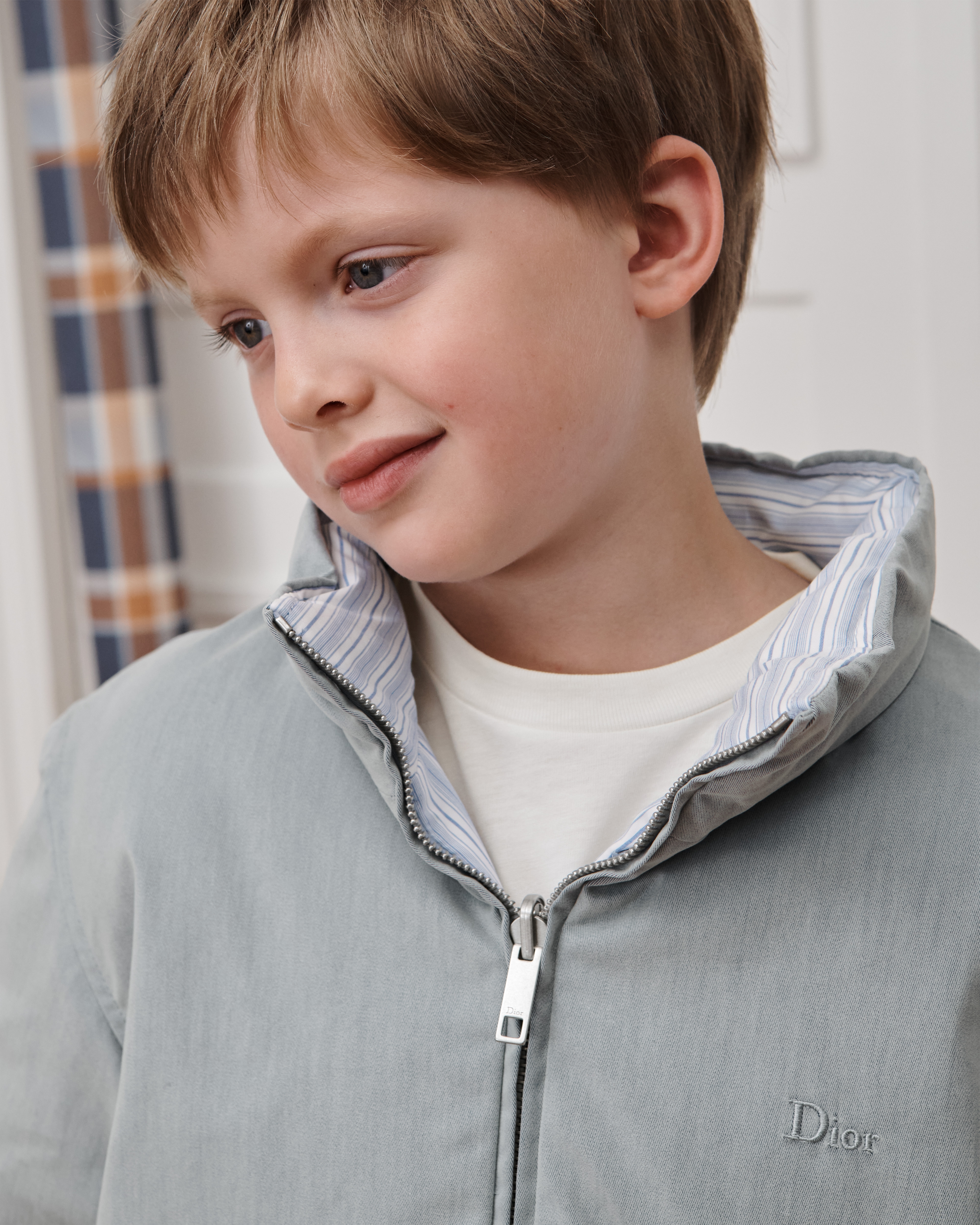 Kids' Reversible Puffer Jacket Stonewashed Blue Water-Repellent Cotton-Blend Technical Fabric with Light Blue Stripes E03