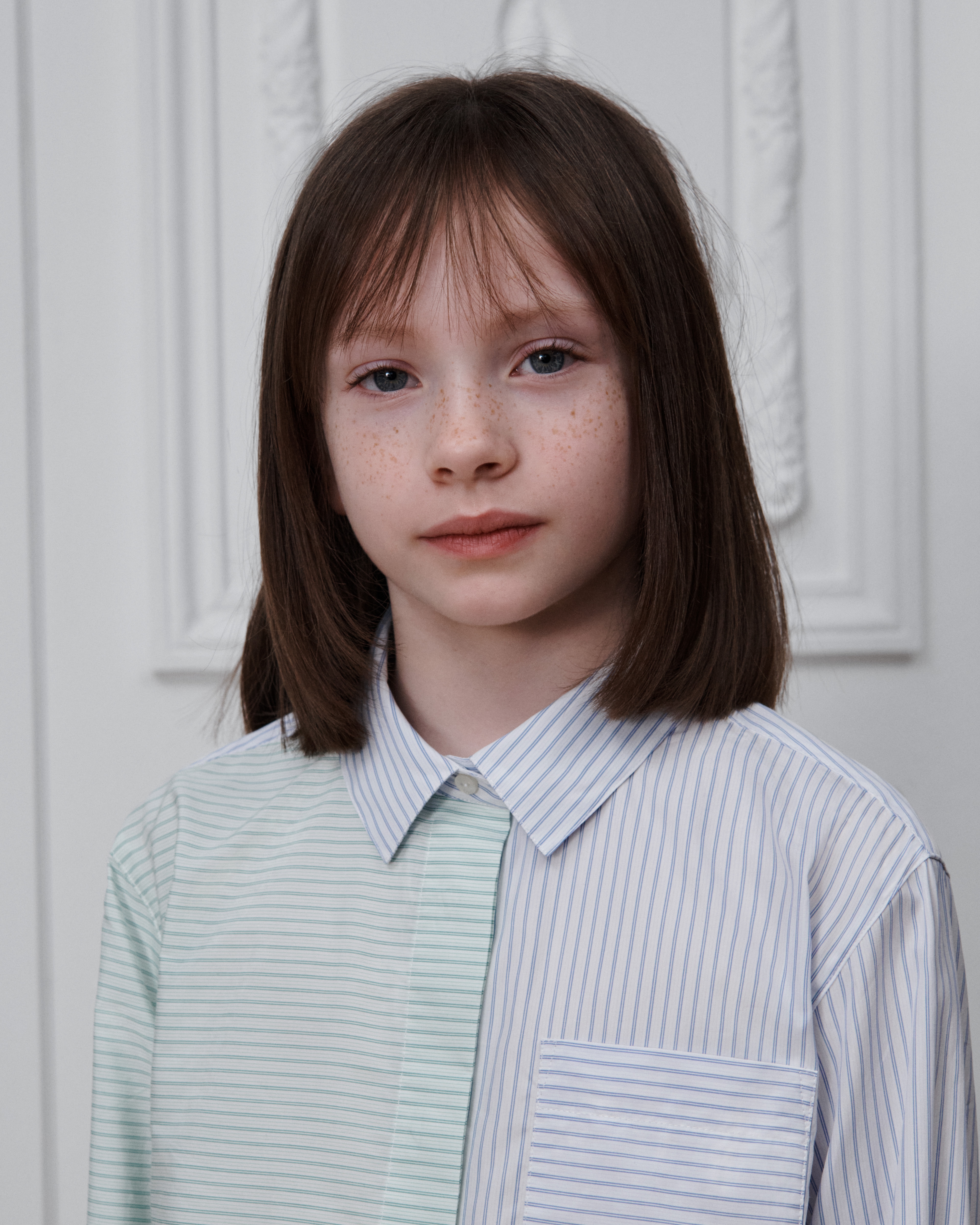 Kids' Shirt Ivory Cotton Poplin with Blue and Green Stripes E09