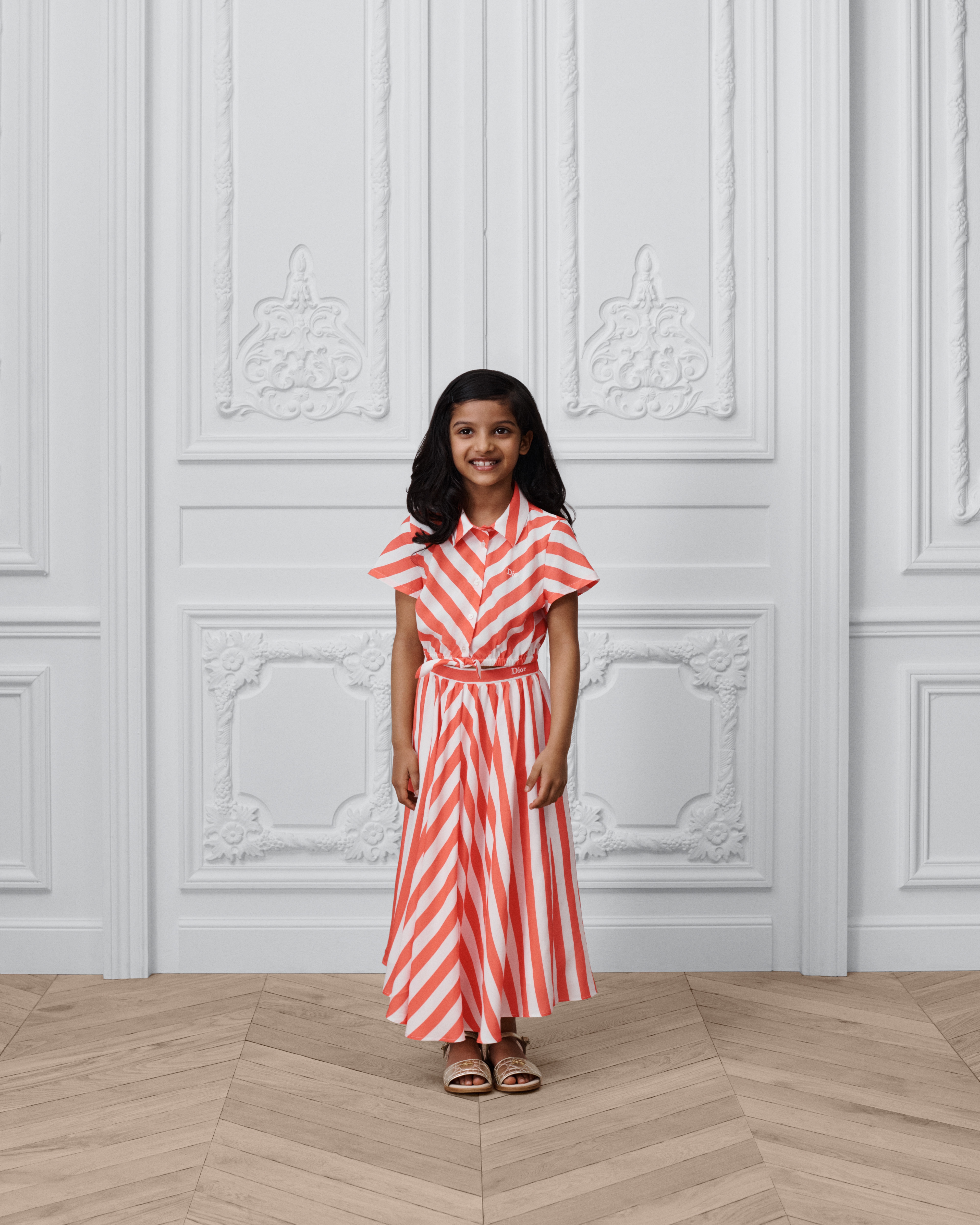 Kids' Long Skirt Ivory and Coral Striped Viscose E13