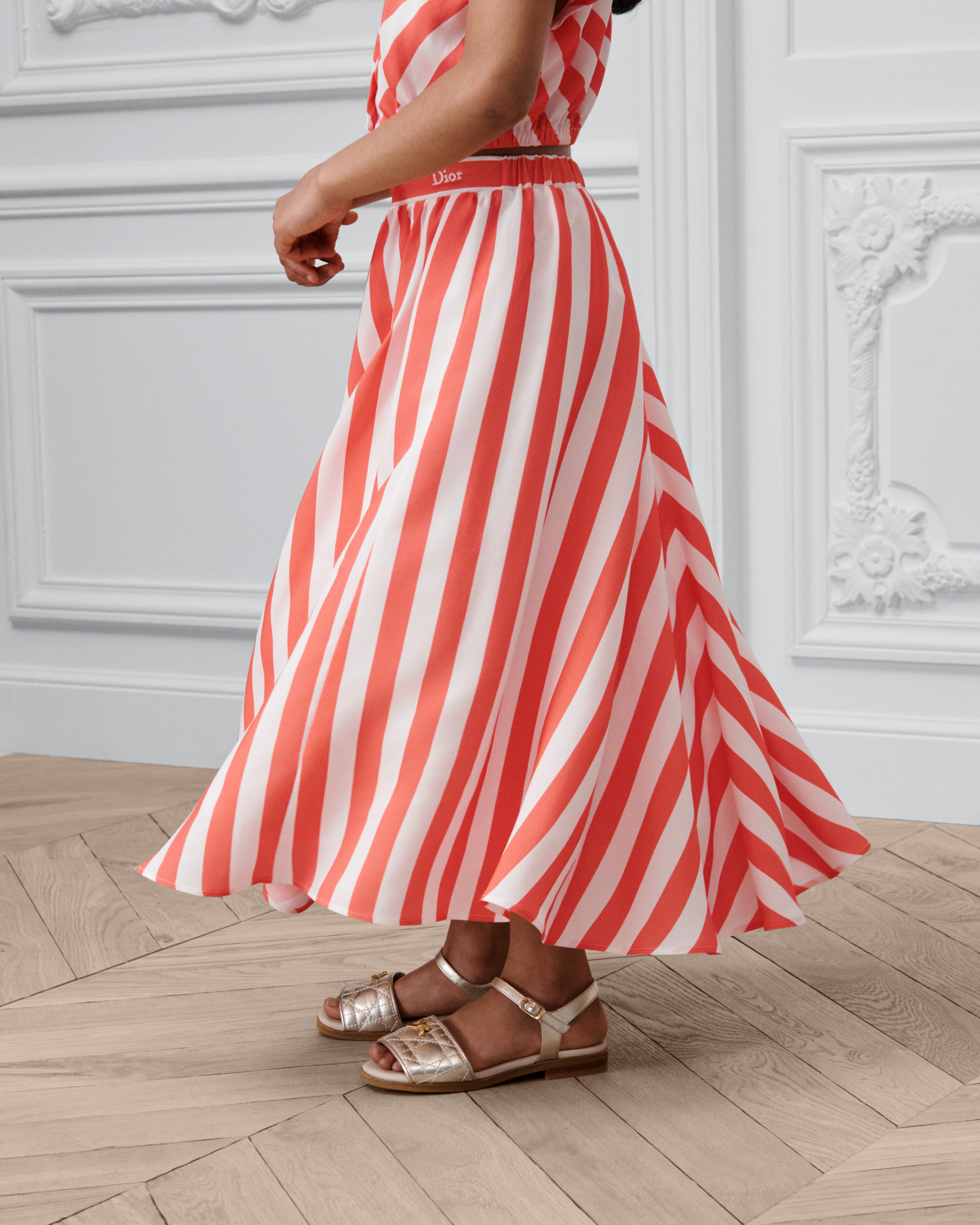 Kids' Long Skirt Ivory and Coral Striped Viscose E14