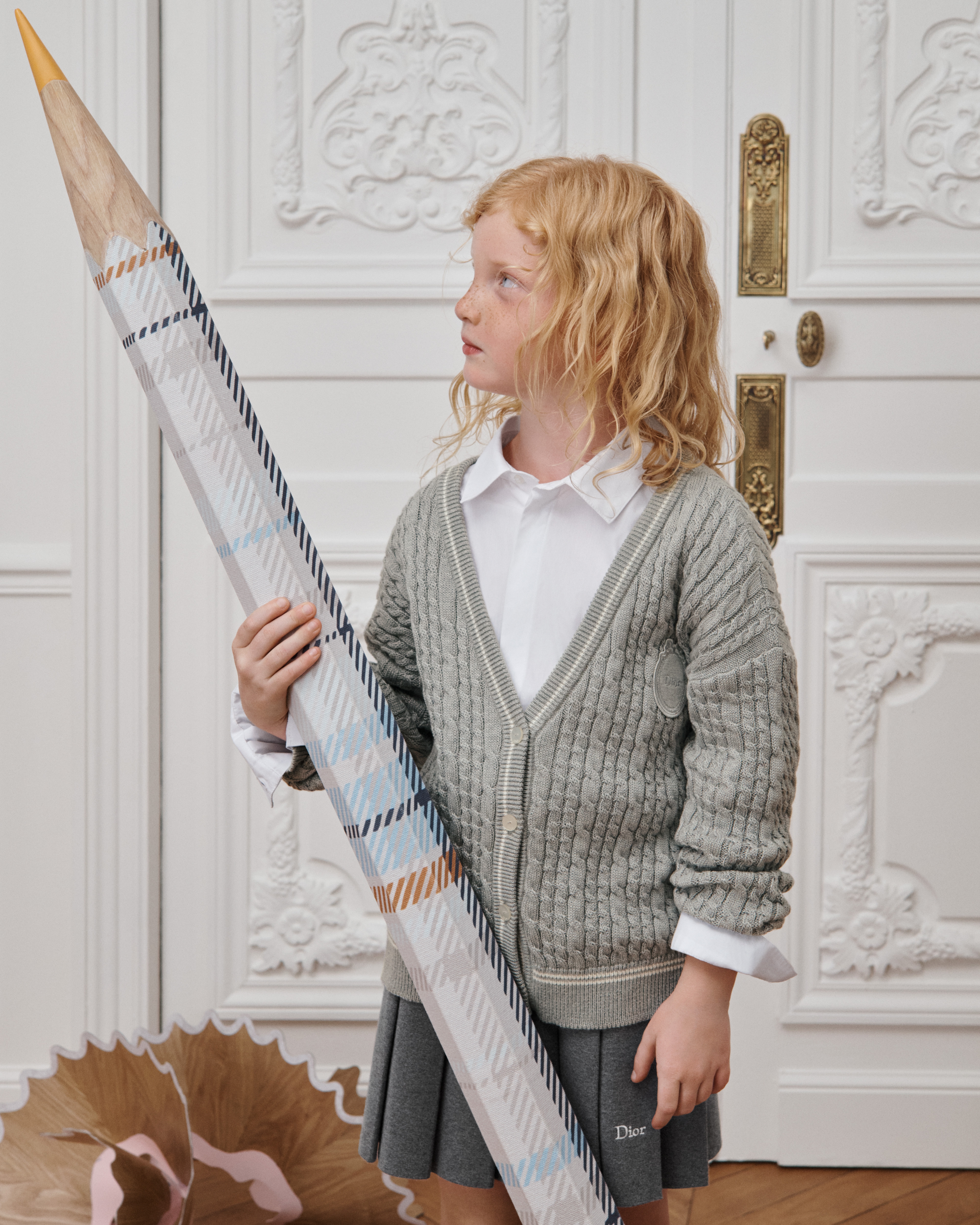 Kids' Cardigan Gray Cable-Knit Cotton and Cashmere E08