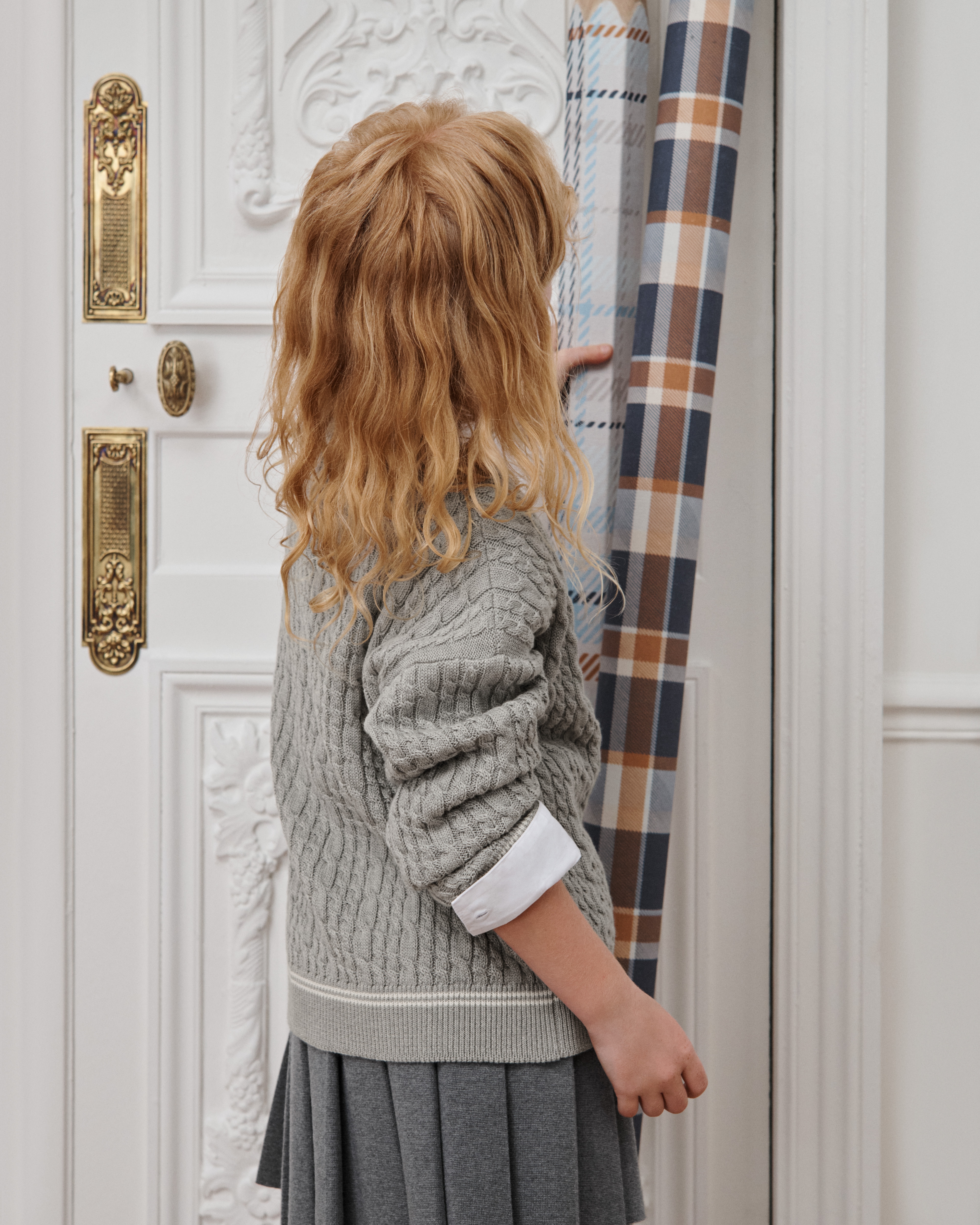 Kids' Cardigan Gray Cable-Knit Cotton and Cashmere E09