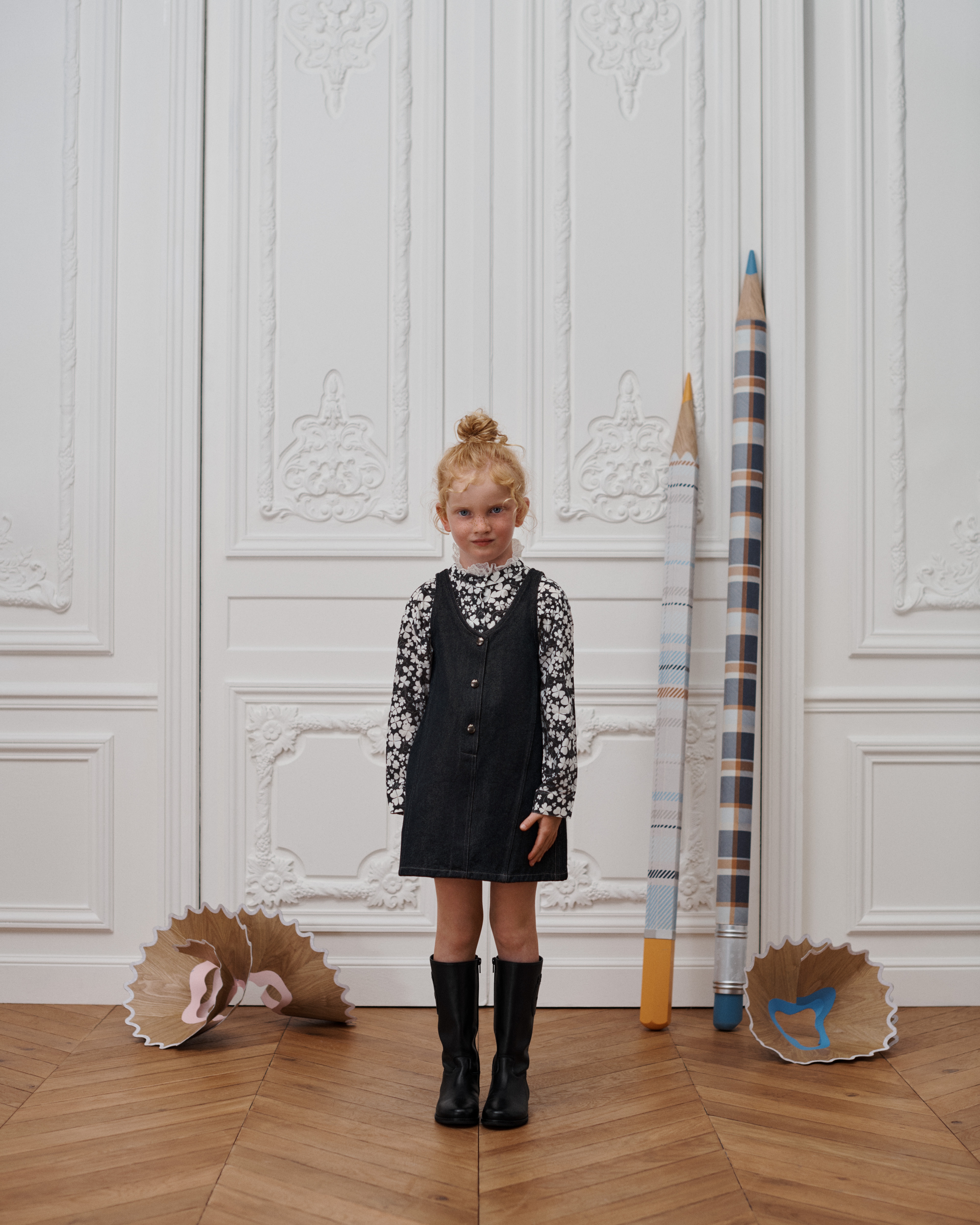 Shirt voor kinderen Katoenpoplin met zwart en wit klavermotief E01